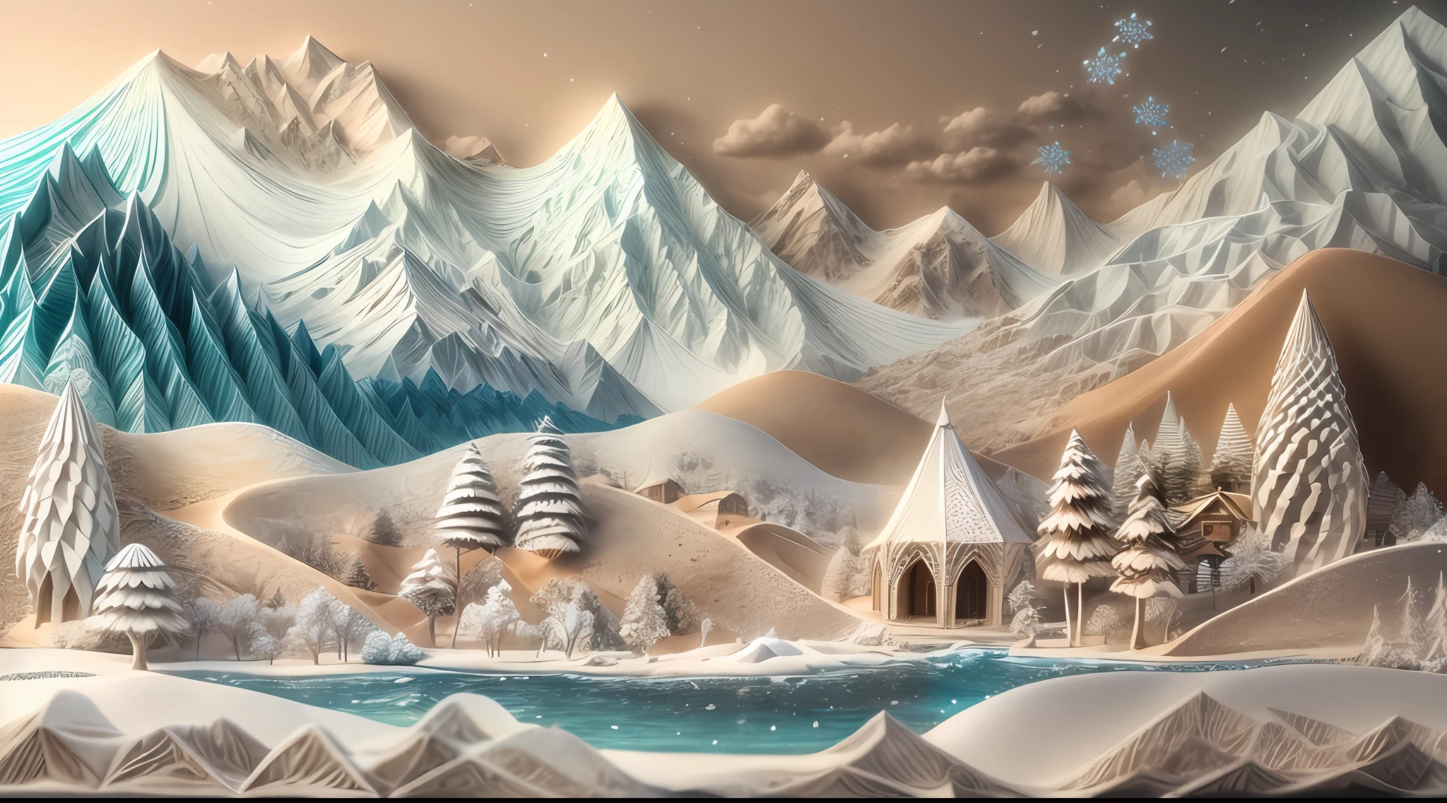 iso-distance view,Sand table model,in the winter,with blue sky and white clouds,snow mountains,ice river,ln the forest,White background,paper art,a 3D render,extremely detaile, (zentangle:1.2), (geomerty:1.2),Cinematic lighting effects,4K,Masterpiece,offcial art