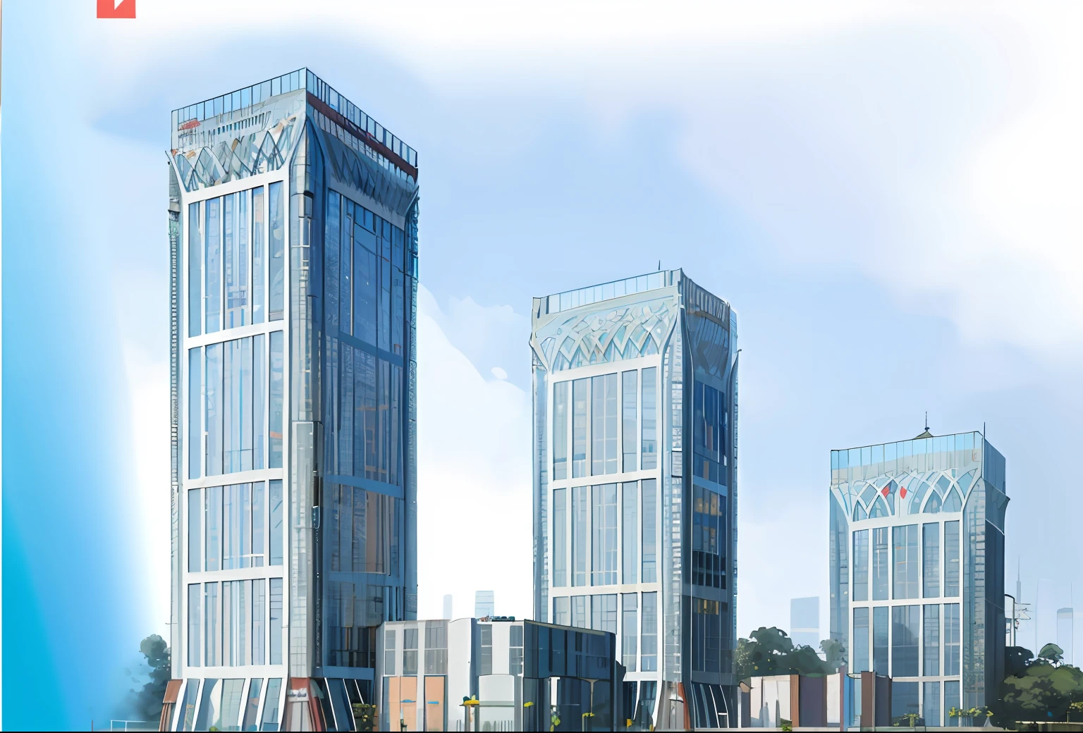 there are three tall buildings with a red heart on the top, sharp hq rendering, skybridge towers, sharp focus ilustration hq, three towers, sharp foccus ilustration hq, with tall glass skyscrapers, tall metal towers, located in hajibektash complex, tall towers, industrial giant skyscrapers, cgi rendering, with towers