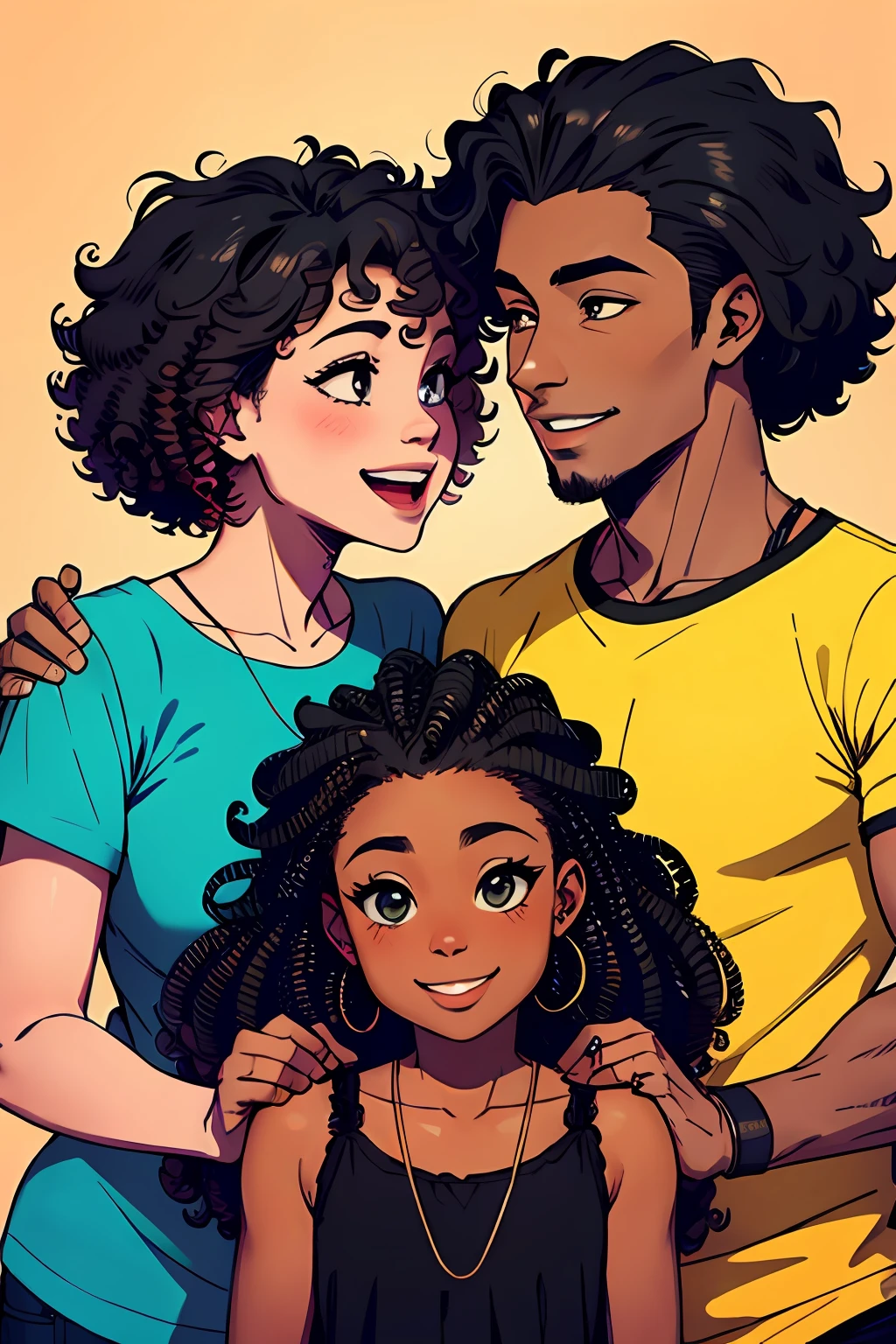 a family of black skin and happy curly hair