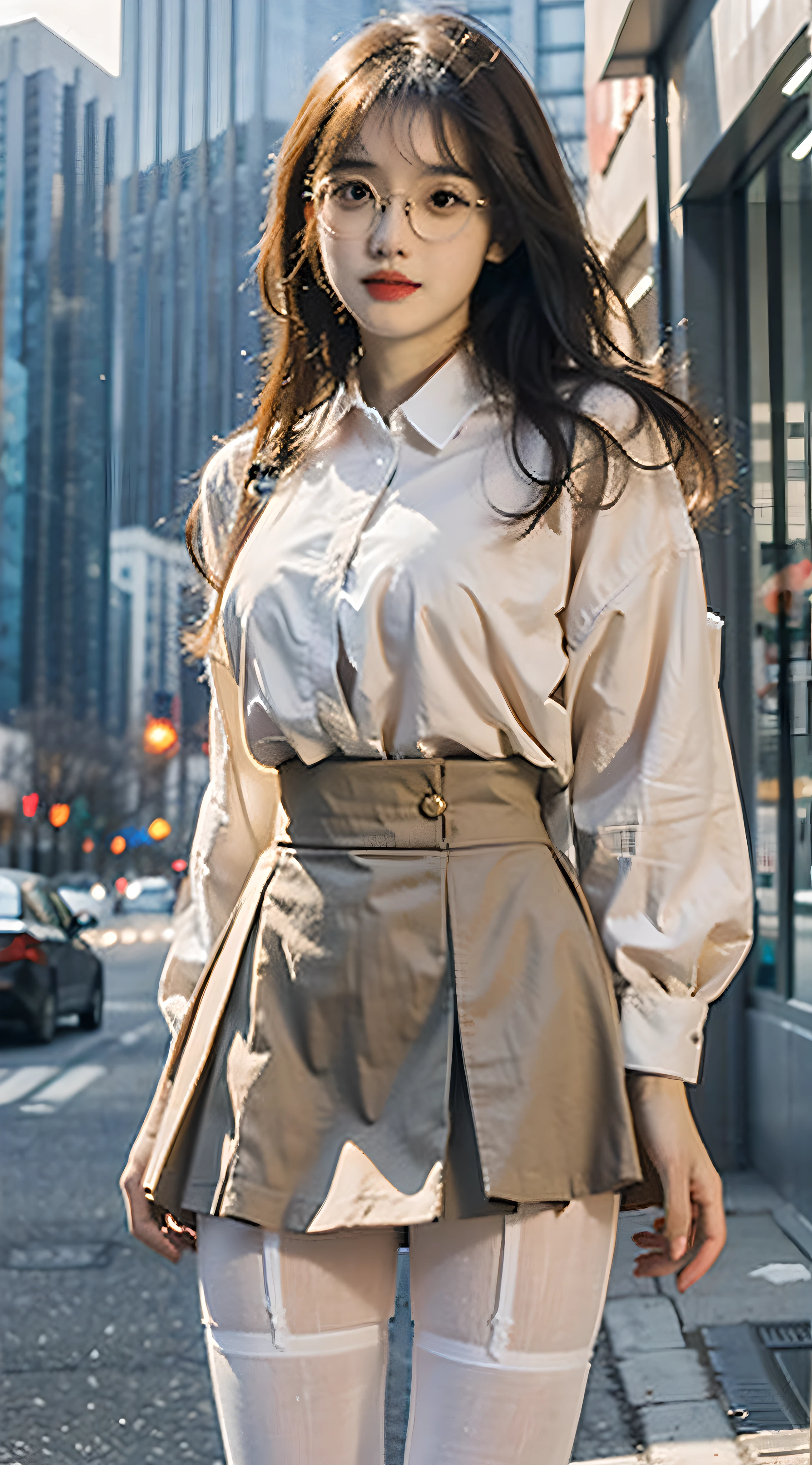 （best qualtiy，A high resolution，tmasterpiece：1.3），A tall and beautiful woman，Slender abs，Dark brown hair in loose wavy styling，nedium breasts，white button-down blouse，a black pleated skirt，（Modern architecture in background），The details in the facial and skin textures are beautifully rendered，Detailed eyes，二重まぶた ((White pantyhose))，(((Apricot skirt wrapped around hips)))，White color blouse，eyes looking at the lens，Hands hidden behind a white shirt White shirt (Apricot skirt wrapped around hips (Apricot hip apron super detailed, A high resolution, The is very detailed，best qualtiy，tmasterpiece， Wearing glasses