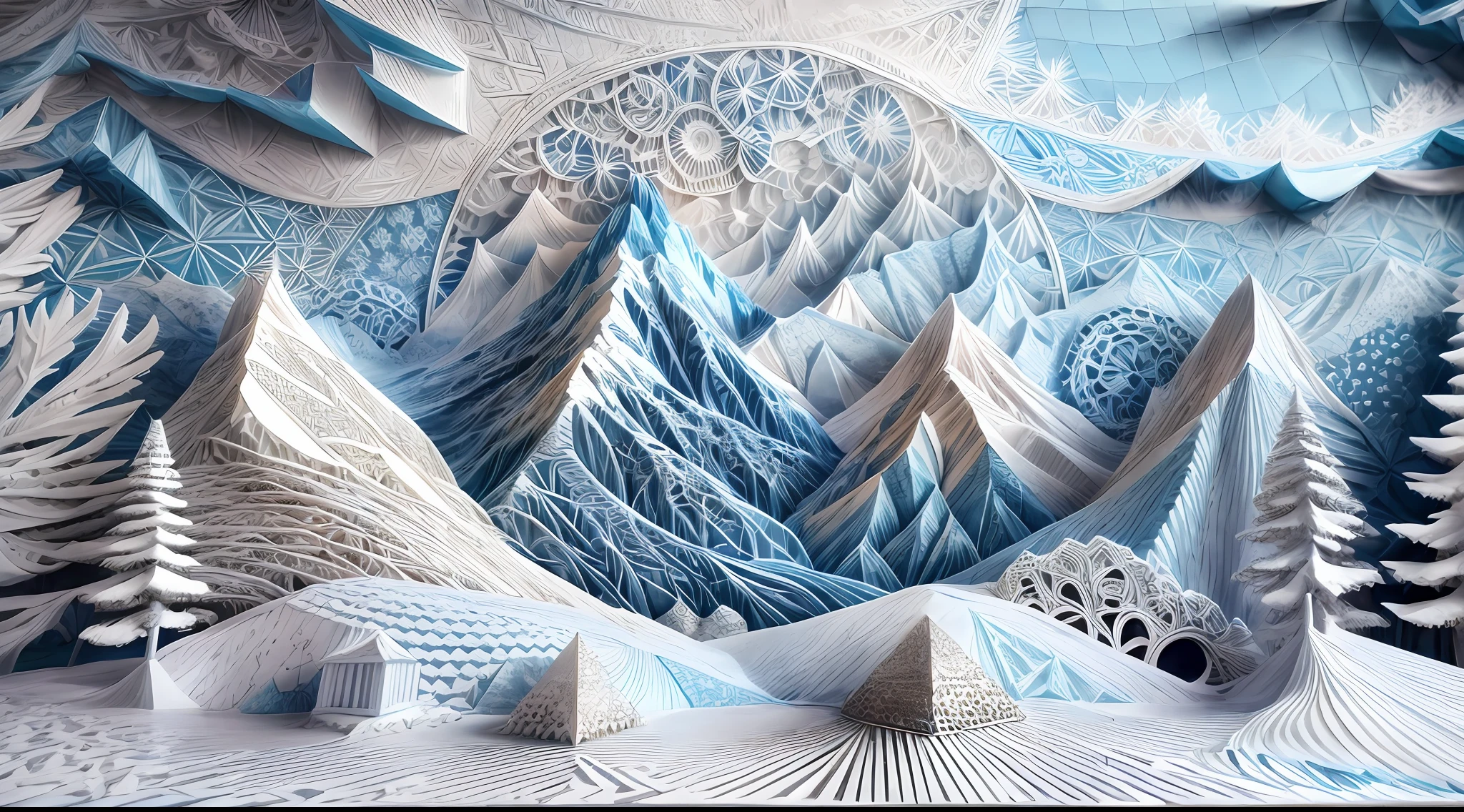 in the winter,with blue sky and white clouds,snow mountains,glacier,White background,paper art,a 3D render,extremely detaile, (zentangle:1.2), (geomerty:1.2),Cinematic lighting effects,4K,Masterpiece,offcial art