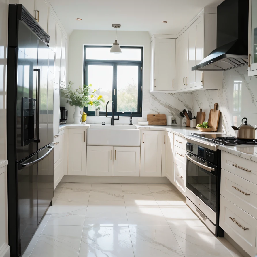 ,Masterpiece, Best quality,8K, 超高分辨率,Step into this Mediterranean-style modern minimalist kitchen,It's as if you've arrived on the enchanting Mediterranean coast in an instant。The crisp white walls are decorated with unique marble tiles,Create a spacious and bright space atmosphere。The kitchen lighting is soft and warm,It was as if the setting sun was slanting on the endless coastline。The whole kitchen is modern and minimalist,Clean line design,Decorated with Mediterranean style details,Showcasing the ultimate in high-end luxury。Whether cooking or enjoying dinner,Everyone can feel the rich Mediterranean style and modern minimalist comfort。