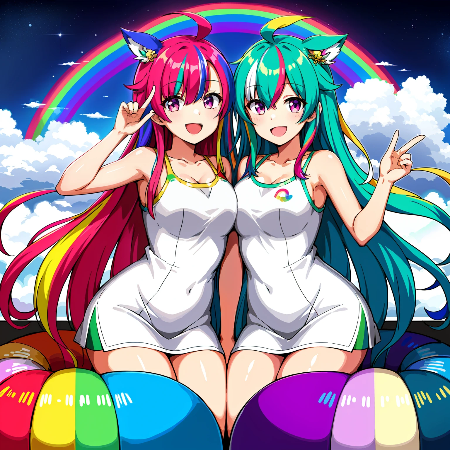 超A high resolution, nffsw, Best aesthetic, Best Quality, masutepiece, a couple,The best smile, Smiling eyes, Big mouth smiling, rainbow hair, multicolored hair, rainbow eyes,