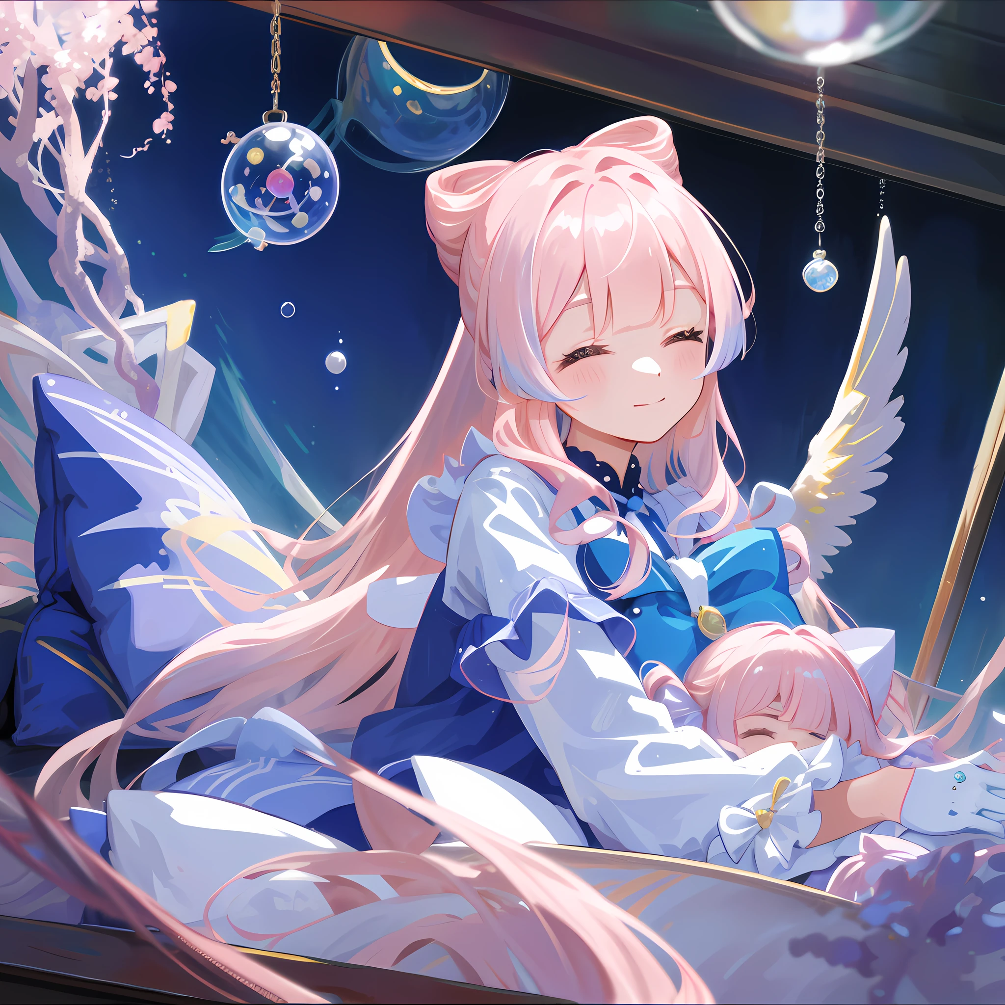 masterpiece,best quality,artbook,colorful,comic,strong rim light,one_girl, adorable girll,angel_face,bishoujo,lying,pillow_hug,lap pillow,half-closed eyes,light smile,long hair,pink hair, half white gloves,bowtie,underwater,fish,bubble,coral,notebook, reel \(riru\),