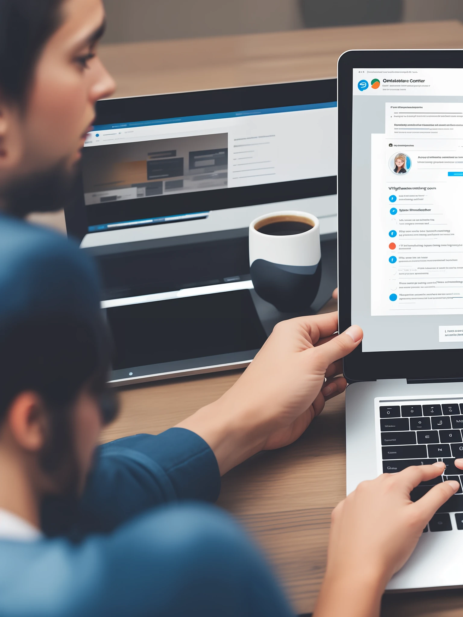 Imagine a scene with a digital marketer collaborating with a virtual assistant to optimize content strategies and achieve marketing goals