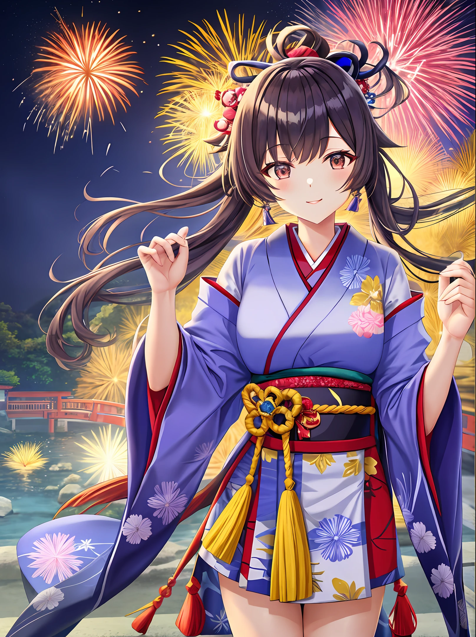 Crein
Bright colors, Masterpiece, Best quality, Highly detailed
1 girl, yoimiya \(Genshin Impact\), Upper body, stunningly attractive, komono, Japanese clothes,fire works