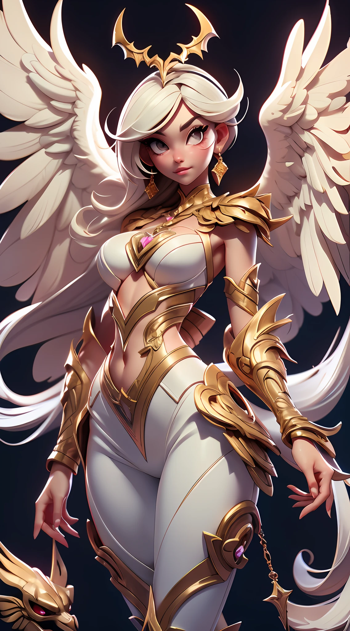 Digimon angelwoman, arcanjo, detalhes belissimos, olhos azuis, arco e flecha, luvas brancas de penas, detalhes ornamentais, detalhes rosas e brancos, fundo celestial branco, cabelos enormes loiros, fotorrealista, altissimo detalhe, 8k, artistation da mida, renderizado, cinematic lighthing, 3D rendering, atmosfera clara e angelical, Sense of wonder, arte conceitual, asas de anjo, angelic pattern, capacete com cruz, cintos na coxa, underboob, ((melhor qualidade)), ((obra-prima)), ((realista)), (obra-prima, qualidade superior, melhor qualidade, Arte Oficial, Beautiful and Aesthetic: 1.2), (1girl:1.3), (Arte Fractal:1.3), white pants, umas das pernas esta nua com cintos na coxa, desenho animado Digimon