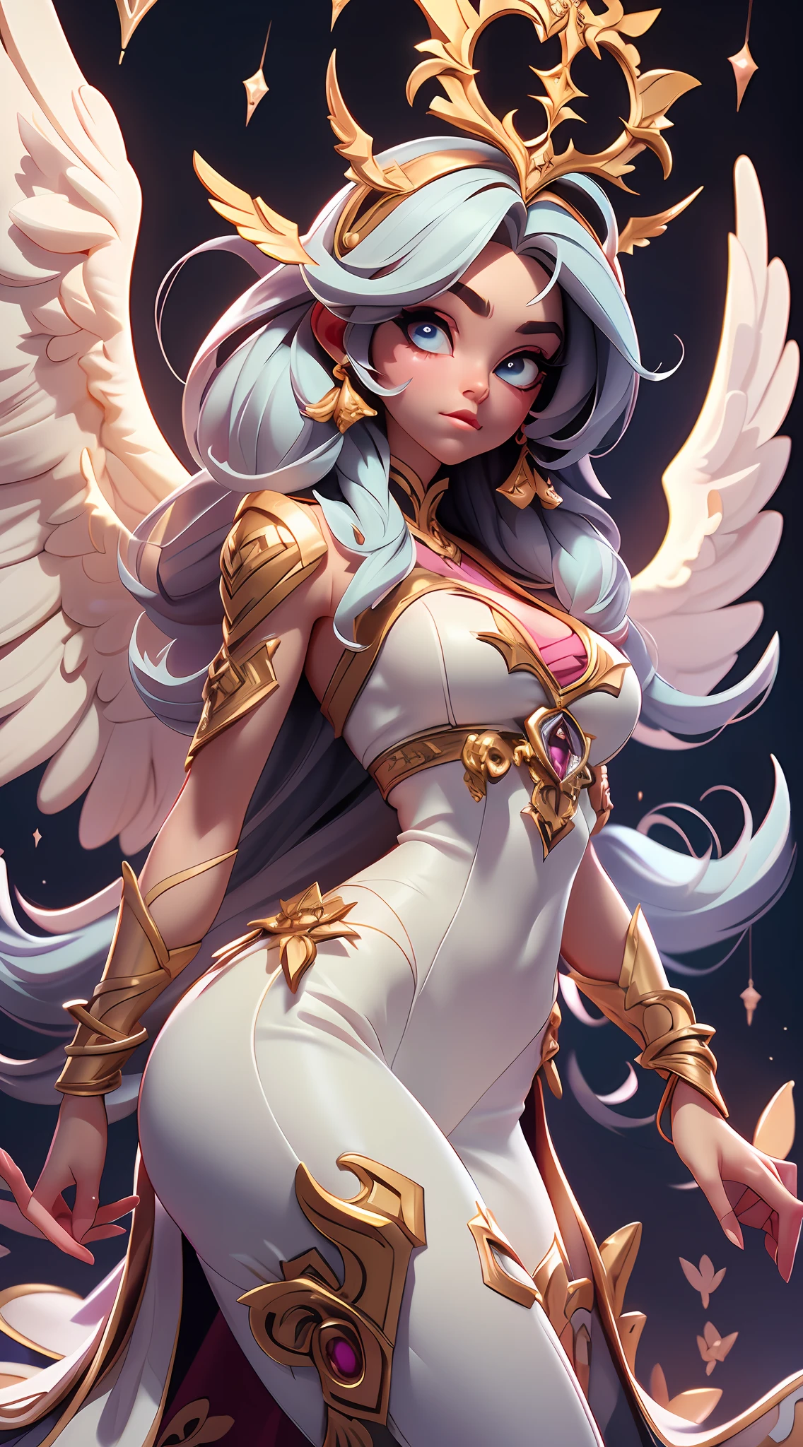 Digimon angelwoman, arcanjo, detalhes belissimos, olhos azuis, arco e flecha, luvas brancas de penas, detalhes ornamentais, detalhes rosas e brancos, fundo celestial branco, cabelos enormes loiros, fotorrealista, altissimo detalhe, 8k, artistation da mida, renderizado, cinematic lighthing, 3D rendering, atmosfera clara e angelical, Sense of wonder, arte conceitual, asas de anjo, angelic pattern, capacete com cruz, cintos na coxa, underboob, ((melhor qualidade)), ((obra-prima)), ((realista)), (obra-prima, qualidade superior, melhor qualidade, Arte Oficial, Beautiful and Aesthetic: 1.2), (1girl:1.3), (Arte Fractal:1.3), white pants, umas das pernas esta nua com cintos na coxa, desenho animado Digimon