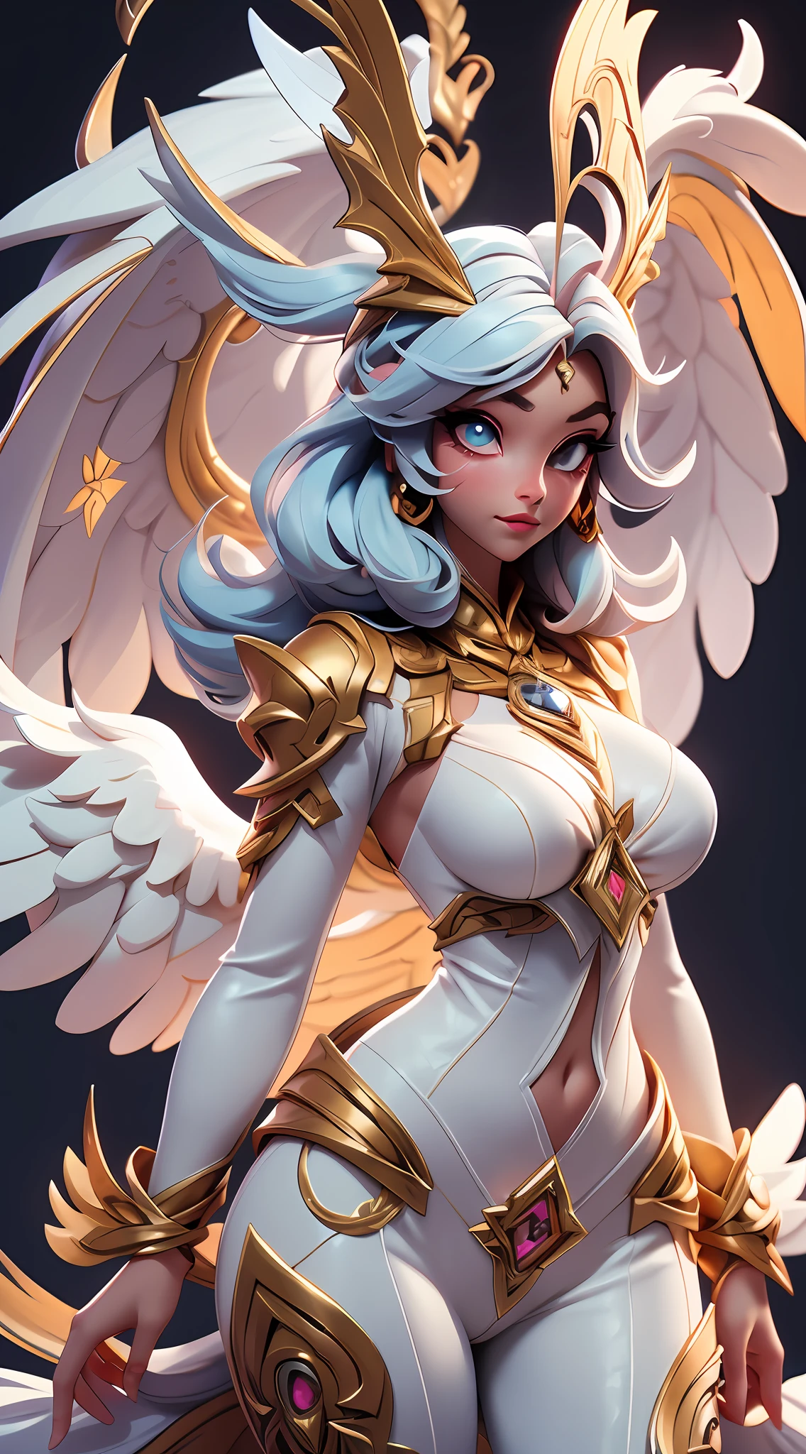 Digimon angelwoman, arcanjo, detalhes belissimos, olhos azuis, arco e flecha, luvas brancas de penas, detalhes ornamentais, detalhes rosas e brancos, fundo celestial branco, cabelos enormes loiros, fotorrealista, altissimo detalhe, 8k, artistation da mida, renderizado, cinematic lighthing, 3D rendering, atmosfera clara e angelical, Sense of wonder, arte conceitual, asas de anjo, angelic pattern, capacete com cruz, cintos na coxa, underboob, ((melhor qualidade)), ((obra-prima)), ((realista)), (obra-prima, qualidade superior, melhor qualidade, Arte Oficial, Beautiful and Aesthetic: 1.2), (1girl:1.3), (Arte Fractal:1.3), white pants, umas das pernas esta nua com cintos na coxa, desenho animado Digimon