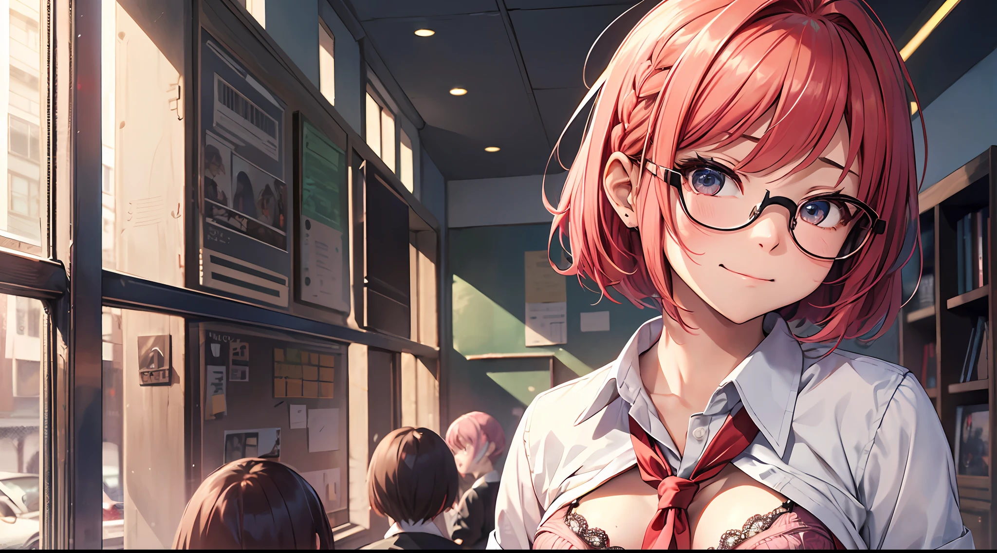 ((masterpiece)、top-quality、girl with、(high school student uniform)、、Perfect Anatomy、3 people、girl with、red hairs、blue hairs、A pink-haired、I'm wearing glasses、short-hair、Braided shorthair、long、female high-school student、校服、(((Pull up your shirt)))、(((no-bra)))、(((Pull up your skirt)))、((Lace panties))、((Digging panties))、intersection、A smile、Embarrassed face、angry looking face、full bodyesbian