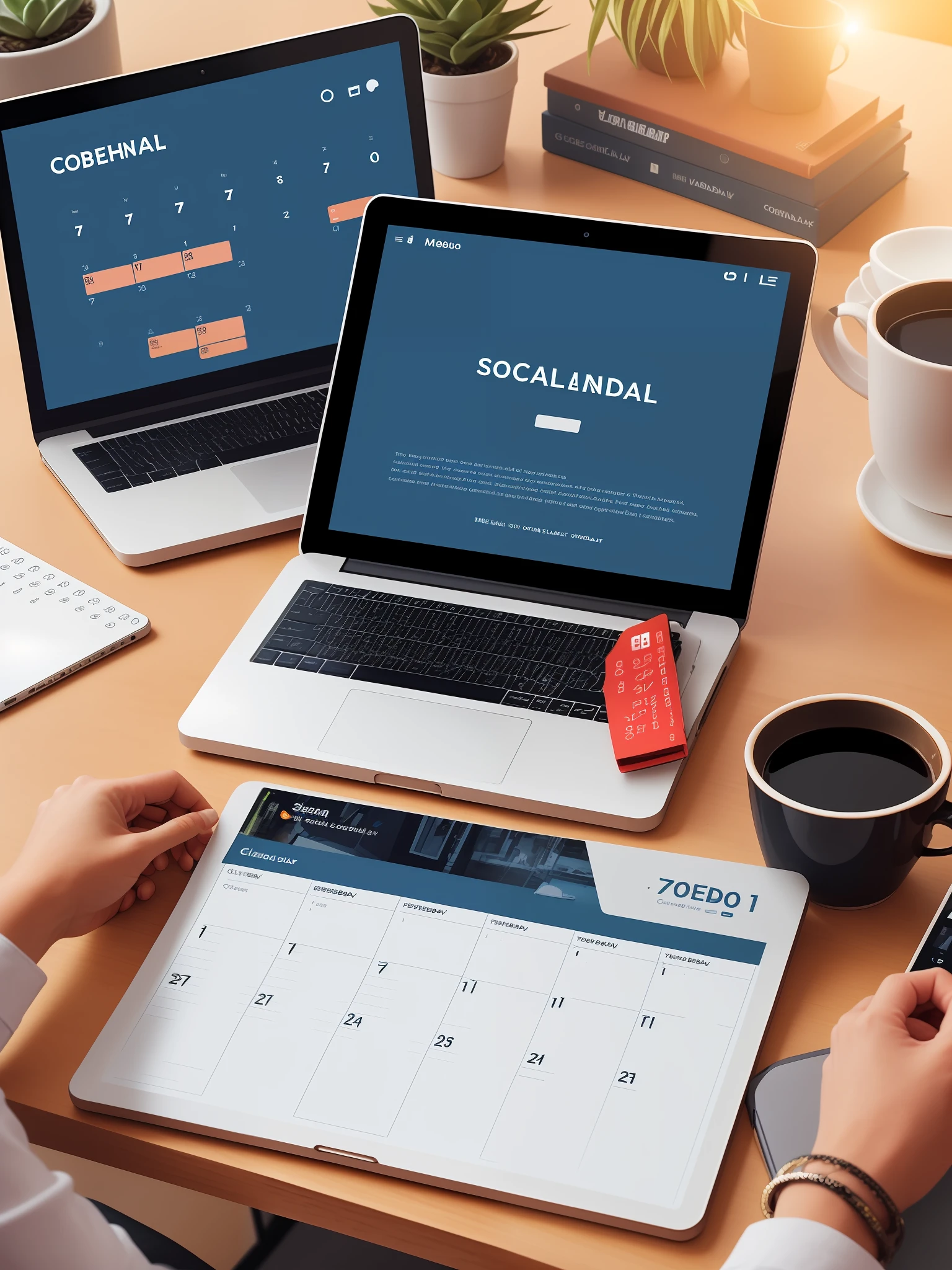 Generate an image of a virtual assistant efficiently organizing and scheduling content for a well-structured social media content calendar