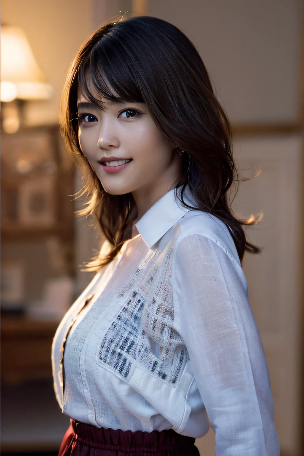 (8k, RAW photo, best quality, masterpiece:1.2), (realistic, photo-realistic:1.37), ultra-detailed, ultra high res,1 girl,looking at viewer,beautiful detailed face,smile,narrow,(slim waist:1.3),shirt, beautiful detailed skin, skin texture, floating hair,professional lighting,