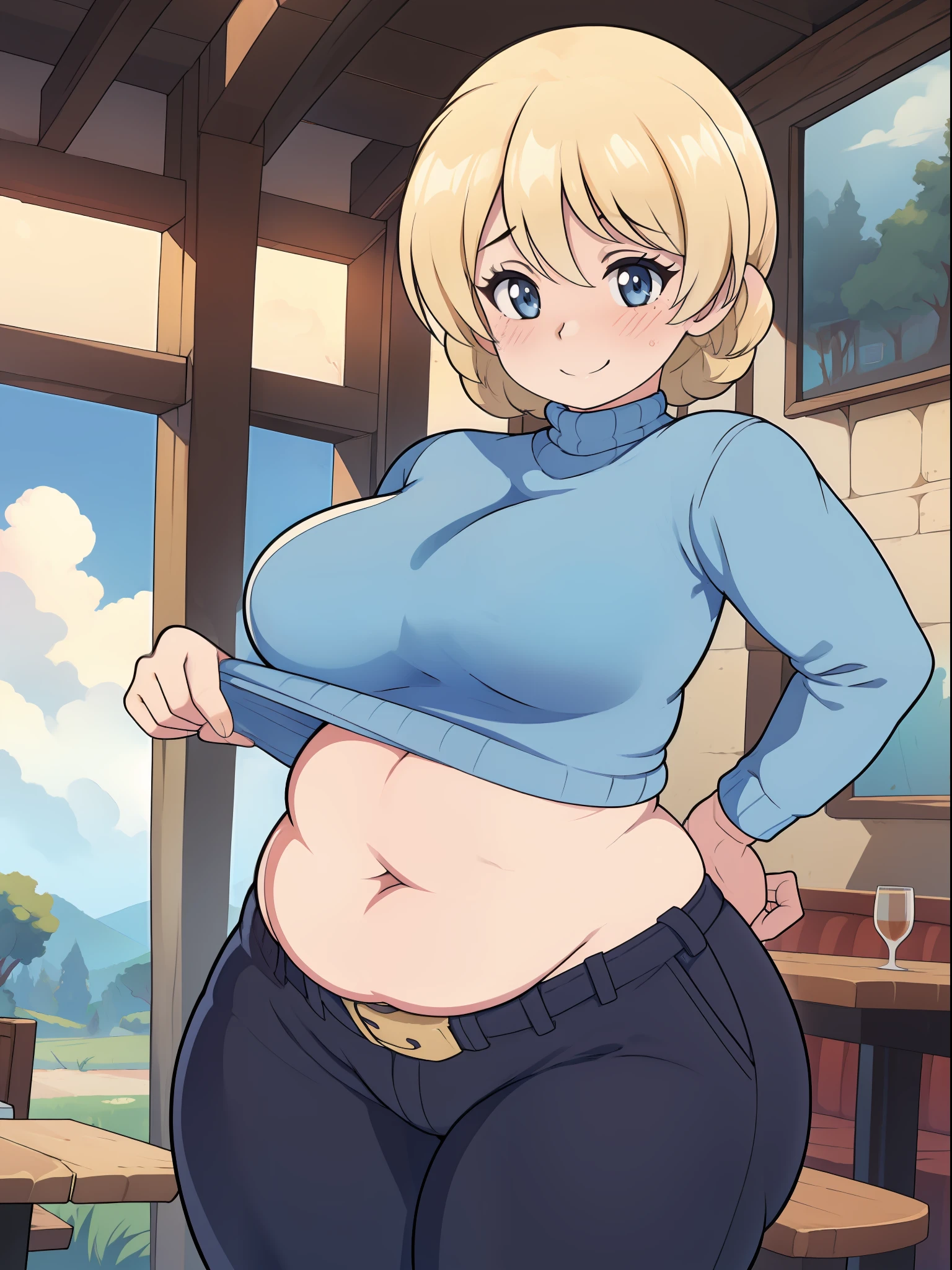 (((kipteitei art))), ((masterpiece)), (((best quality))), ((ultra-detailed)), (((illustration))), detailed face, ultra cute face, detailed body, ((1girl)), ((solo)), girls und panzer, blonde hair, Darjeeling, (dark blue turtle neck sweater), black pants, belt, taut clothes, (tight pants), medium breasts, (pudgy), soft belly, (wide hips), (((thick thighs))), (cafe), on date with viewer, looking at viewer, cowboy shot, dynamic angle, cute pose, blush, soft smile, affectionate, flirting, happy, cloudy day,