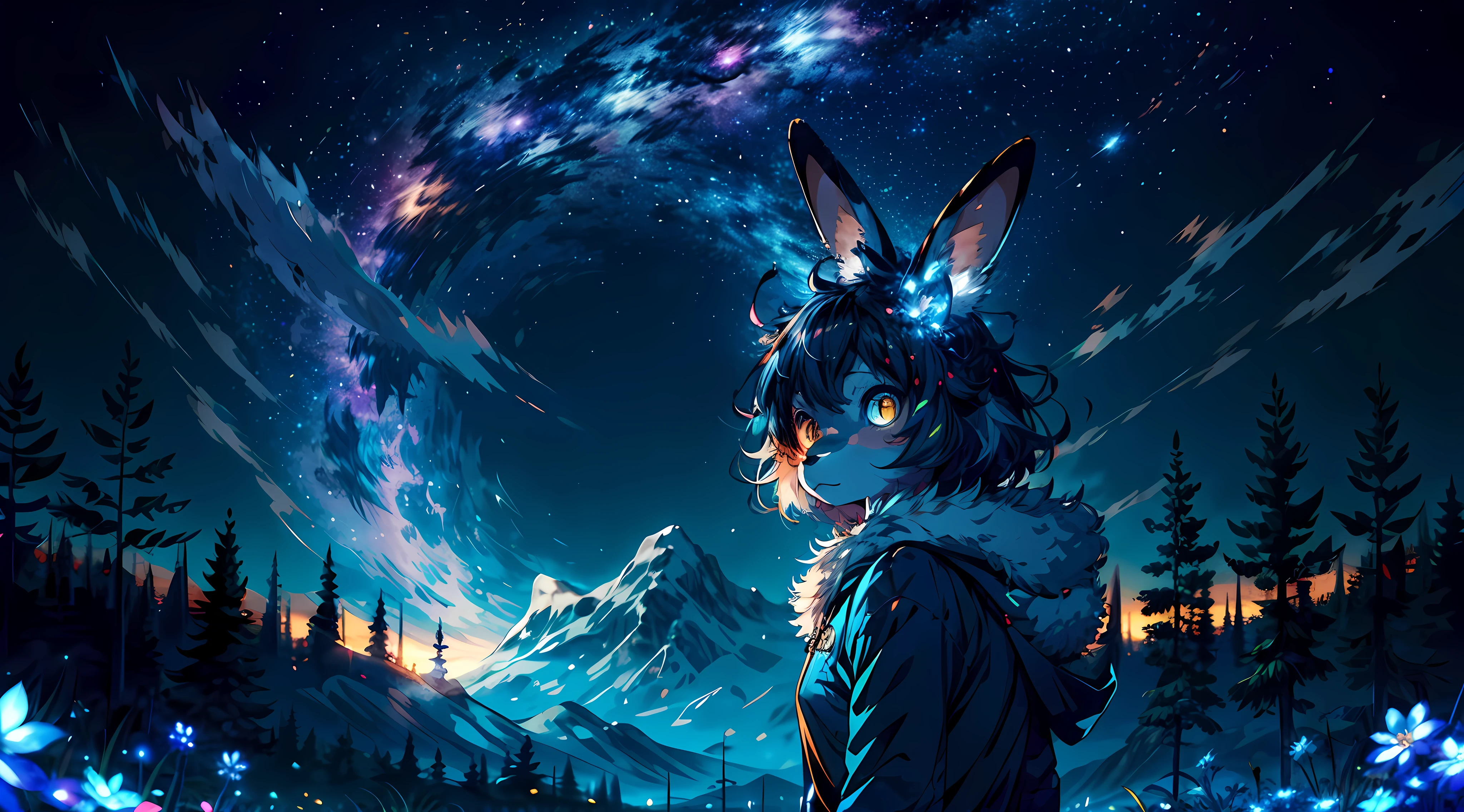 furry anthro kemono girl wearing bunny ears, furry anthro kemono blue-furred rabbit, (bna beastars rabbit girl), (glowing stars through the air:1.1), blurry background, bokeh, depth of field, starry skyline, far from city, alone, fearful, hopeless, magic, magical, fantastic, dark hue, haze