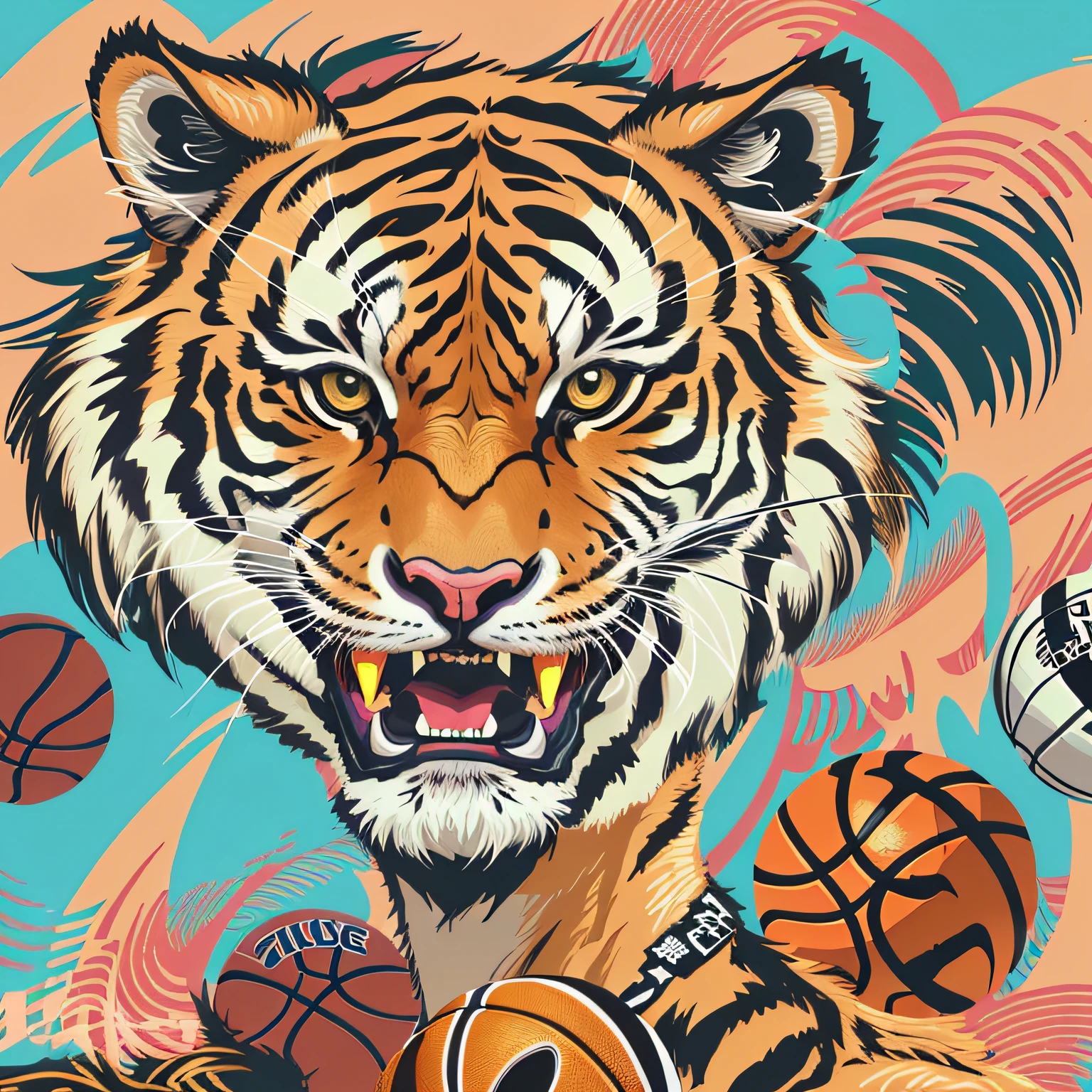 A tiger with a basketball in his mouth, highly detailed vector art, jen bartel, in style of digital illustration, amazing wallpapers, tigre, hq 4k phone wallpaper, Tiger head, Tiger_beast, digital painting highly detailed, half tiger, eye-catching detailed art style, Wallpaper phone, vector art style, digital art highly detailed, Martin Ansin, Tiger
