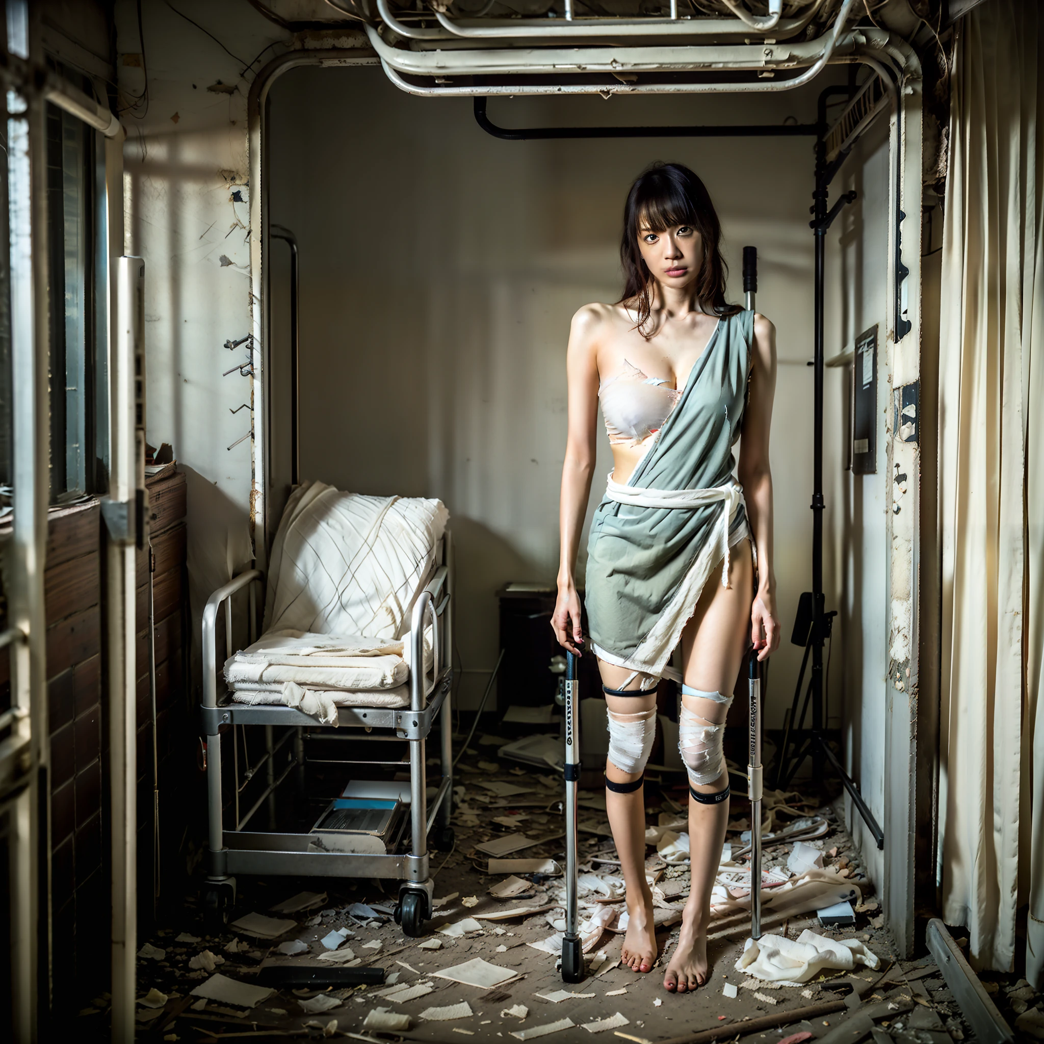 masutepiece, Best Quality, High solution, 32K HDR, Ultra-realistic texture, hyper derailed face, Portrait, (natural, Super Giant Chest), {{A Japanese Lady}}, (((torn, wrap the whole body with a white bandage,))), Detailed eyes, {eroticism 1.5}, Photorealism, (view of Full body shot), Model Body Style, (Stand with crutches, Shabby and messy hospital room, In an abandoned hospital),