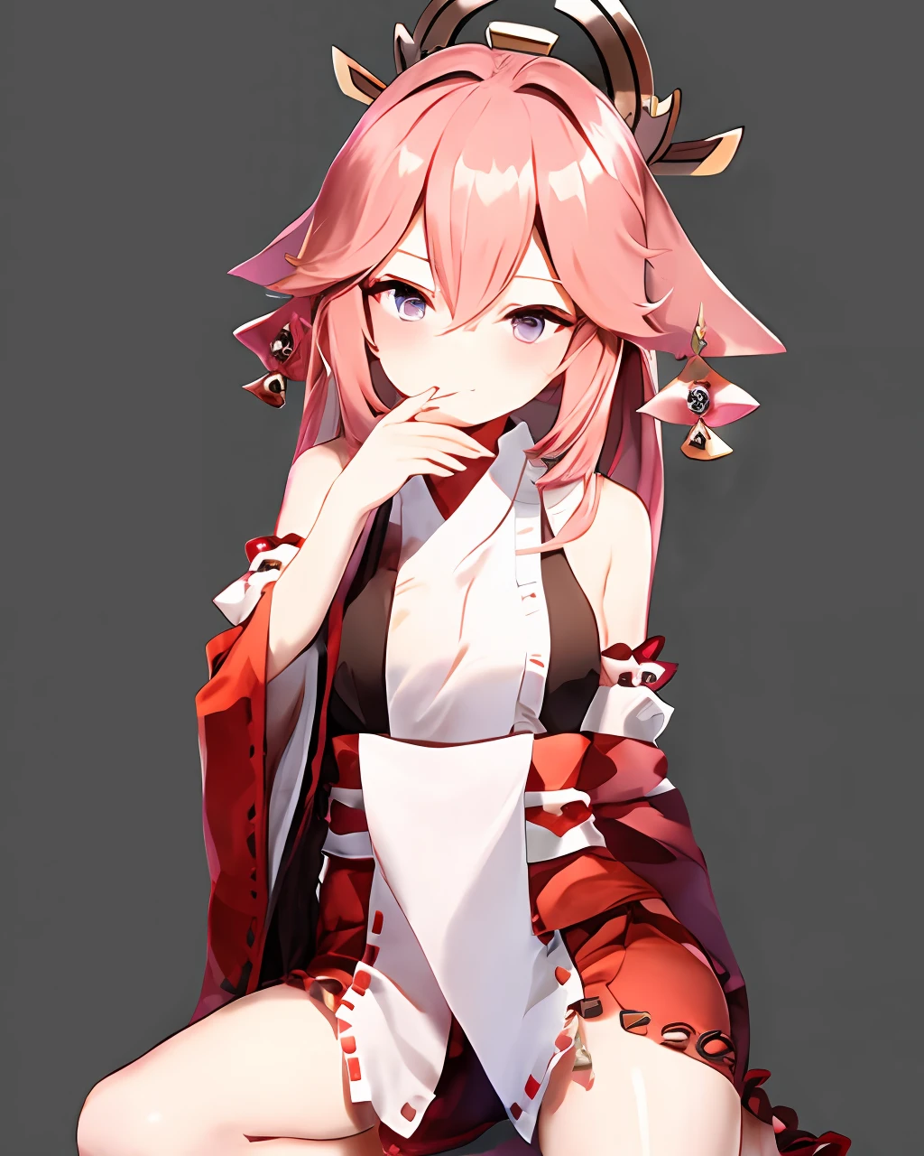 the original god、yae miko、Pink hair、sitted、The expression is shy、Ruddy face、Shy(1.4)