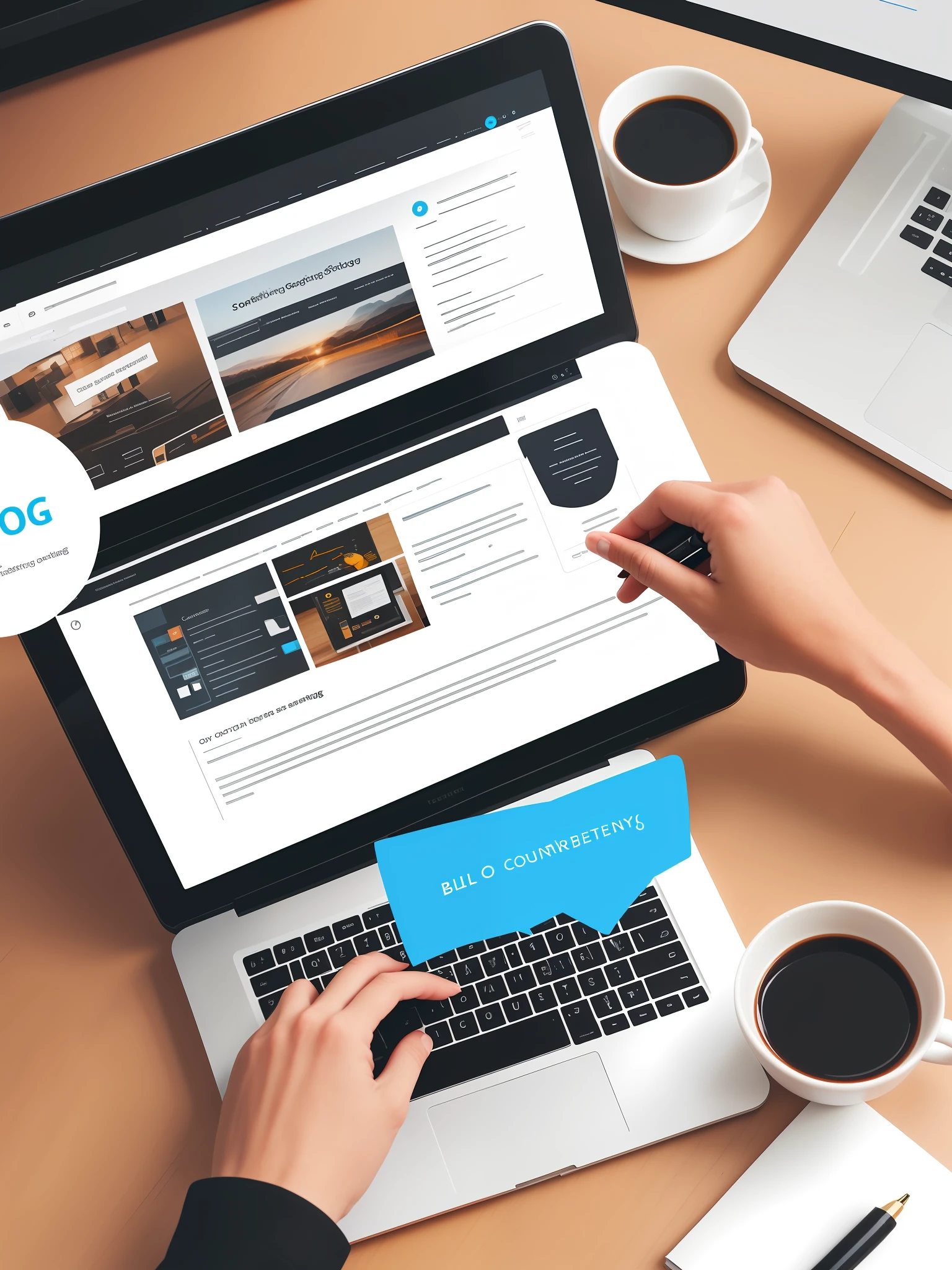 Create a visual representation of a virtual assistant assisting in blog creation, ensuring the content aligns with the overall digital marketing strategy