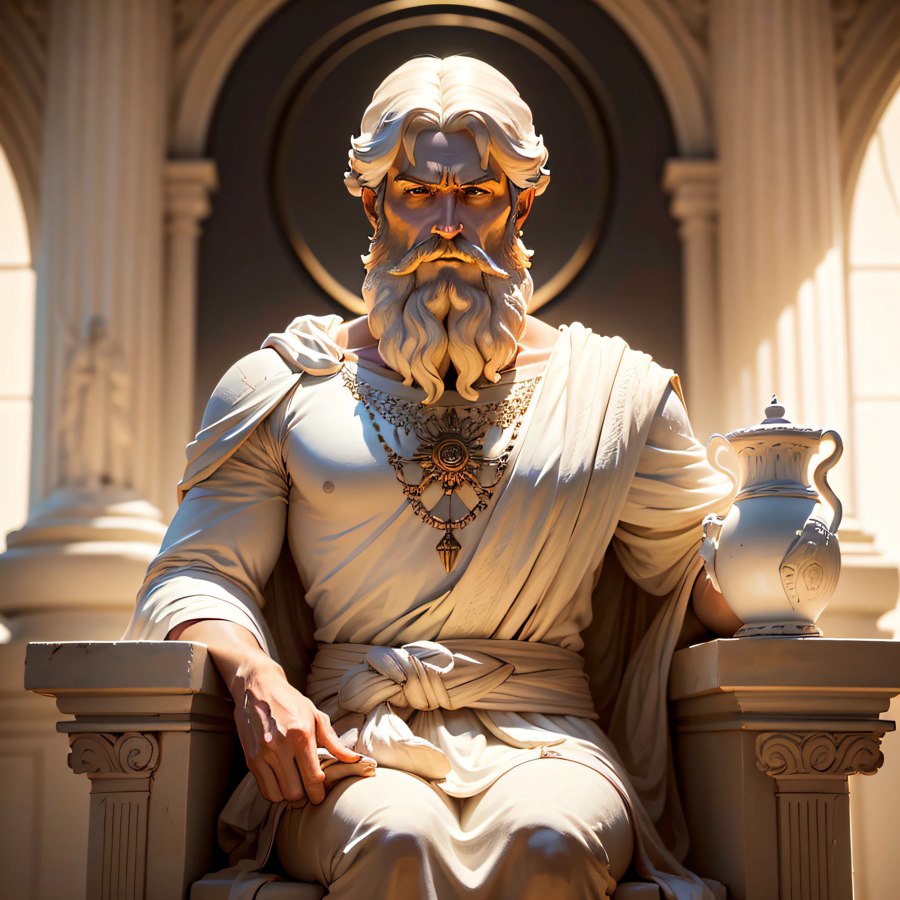 estatua de um homem estoico dos tempos antigos, with a serious expression, wearing a white tunic, cabelos longos e barba. Background in neutral tones and soft lighting, conveying a sense of calm and serenity, qualidade 4k, Sharp image and perfect strokes