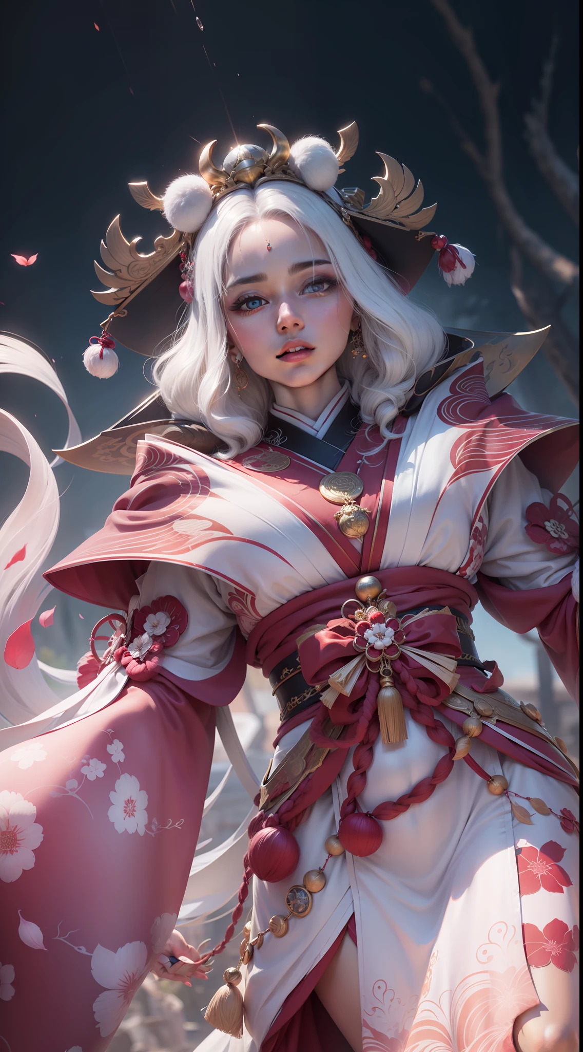 Beautiful divine goddess, beautiful eyes, red lips, white hair, Japanese goddess, Ultra details, 8K quality, realistic, Raw photo
