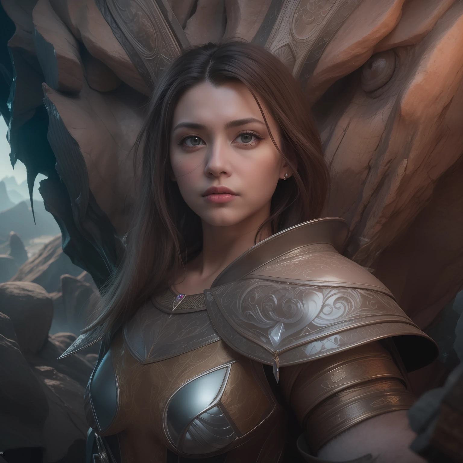 1girl, Mature Woman, Handheld Shot, (Full Body:1.2), (Fit, Abs, Athletic:0.4), (Furled Brow Furrowed Brow Expression Frown Pursed Lips:0.7), ( landscape with Variety, Magical Realism Themes, Crystal Cavern Location1.0) (Masterpiece, Hypermaximalist, Maximalism, Best Quality, 8k, Highres, Absurdres, 4k, High Quality, Ultra High Res, Highest Quality, Ultra Detailed, 8k Uhd, Realistic, Highly Detailed, Ultra-Detailed:1.0), (Cinematic Lighting, Hdr, Raw Photo, Sharp Focus, Photorealistic, Realistic:1.0), (Oval shaped face, Asymmetrical Face Features, Not Perfectly Balanced Proptioned Face Features, Slightly Crooked Nose, Uneven Eyes,:1.2), (Beautiful Face, Detailed Face, Beautiful Eyes, Detailed Eyes, Beautiful Detailed Eyes:1.0), Beast Warrior wearing Metal Medium Chainmail Armor,