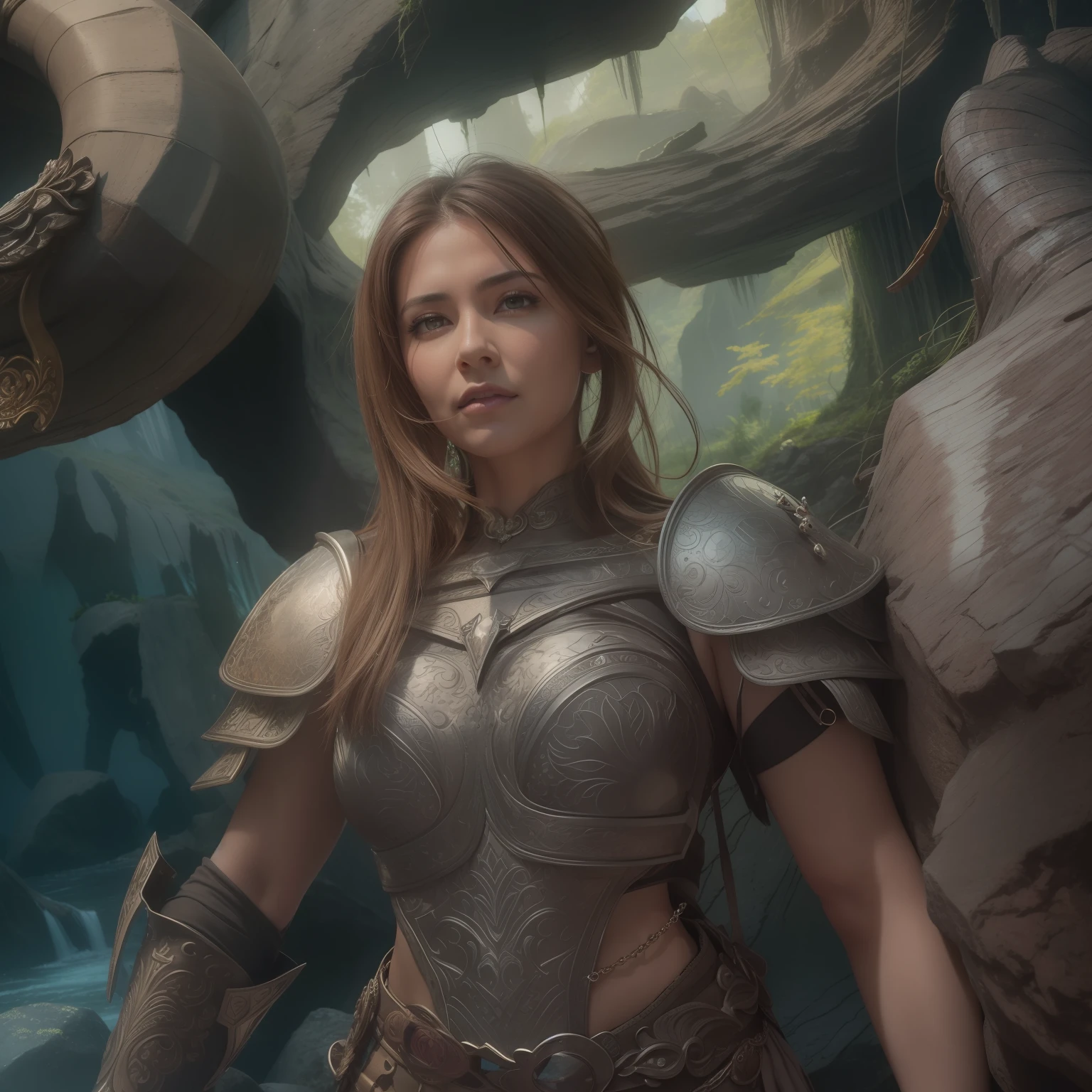 1girl, Mature Woman, Handheld Shot, (Full Body:1.2), (Fit, Abs, Athletic:0.4), (Furled Brow Furrowed Brow Expression Frown Pursed Lips:0.7), ( landscape with Variety, Magical Realism Themes, Crystal Cavern Location1.0) (Masterpiece, Hypermaximalist, Maximalism, Best Quality, 8k, Highres, Absurdres, 4k, High Quality, Ultra High Res, Highest Quality, Ultra Detailed, 8k Uhd, Realistic, Highly Detailed, Ultra-Detailed:1.0), (Cinematic Lighting, Hdr, Raw Photo, Sharp Focus, Photorealistic, Realistic:1.0), (Oval shaped face, Asymmetrical Face Features, Not Perfectly Balanced Proptioned Face Features, Slightly Crooked Nose, Uneven Eyes,:1.2), (Beautiful Face, Detailed Face, Beautiful Eyes, Detailed Eyes, Beautiful Detailed Eyes:1.0), Beast Warrior wearing Metal Medium Chainmail Armor,