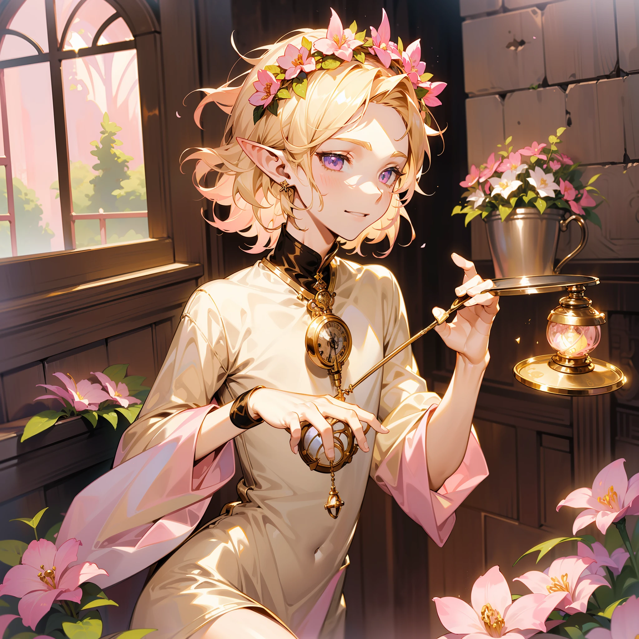 young man, twink, (((male))), (((man))), (((one person))), single, solo, (((very light blonde hair))), (((pink colored eyes))), (medium short hair), (chin-length hair), wavy hair, slim body, ((flat chest)), ((wearing fantasy clothes)), ((fantasy style)), ((wearing flowers in his hair)), (flowercrown), ((pointy ears)), sunny weather, smiling, (((light pink colored eyes))), ((casting a magic spell)), smooth skin, (magic), (holding one small pocketwatch), ((casting a spell with the pocketwatch))