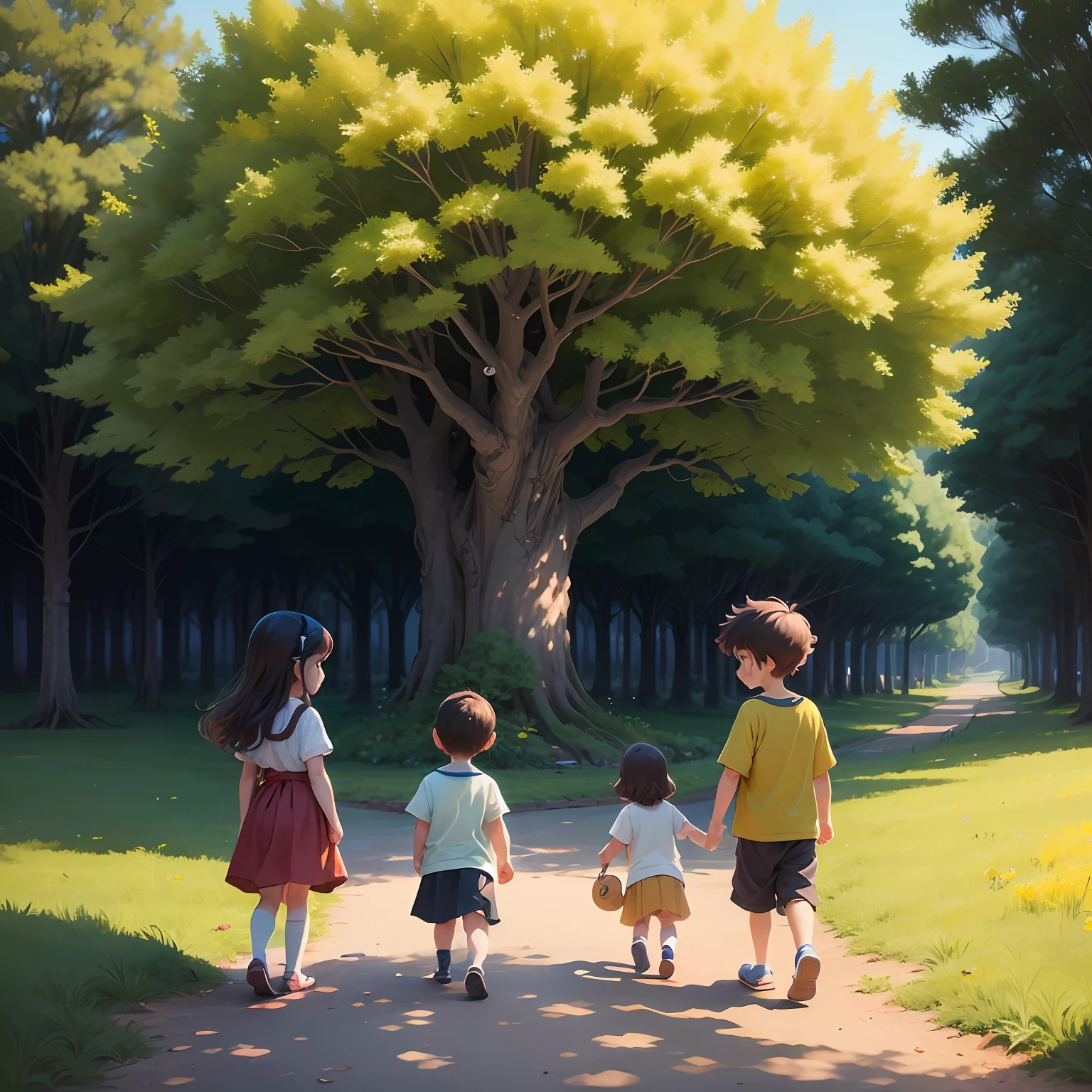 Children playing under a tree nobara kawaii Ginkgo tree Lots of kids Yellow tree Ginkgo tree Yellow tree square Picture book style Illustration style Lots of kids Ghibli style --auto