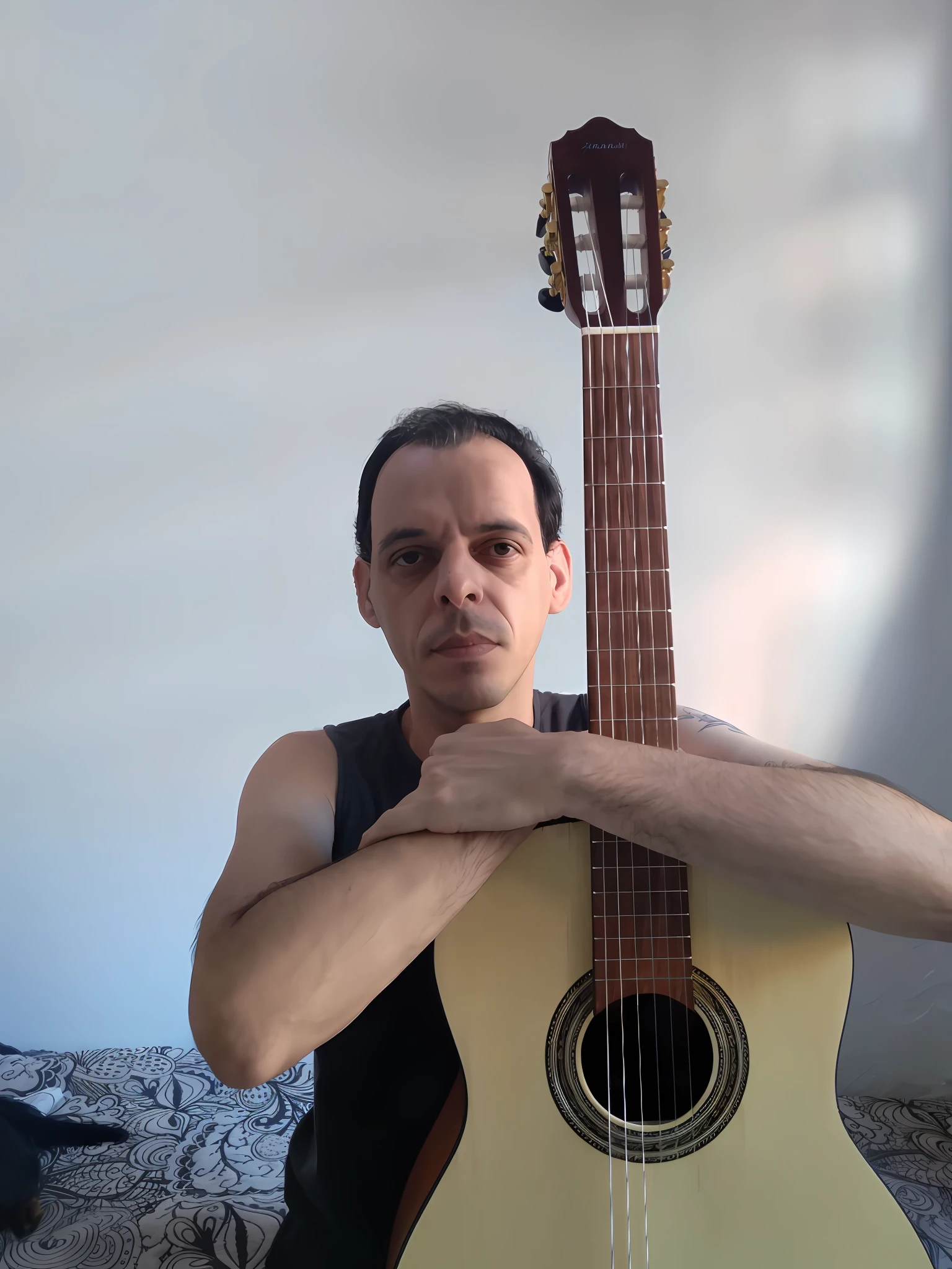Arafed man holding a guitar in his hands while sitting on a bed, david rios ferreira, holding a guitar, caio santos, icaro carvalho, danilo torres, edu souza, Carmelo Blandino, Alejandro, Miguel Vicente, guitarrista, Juanjo Guarnido, inspired by Antônio Parreiras