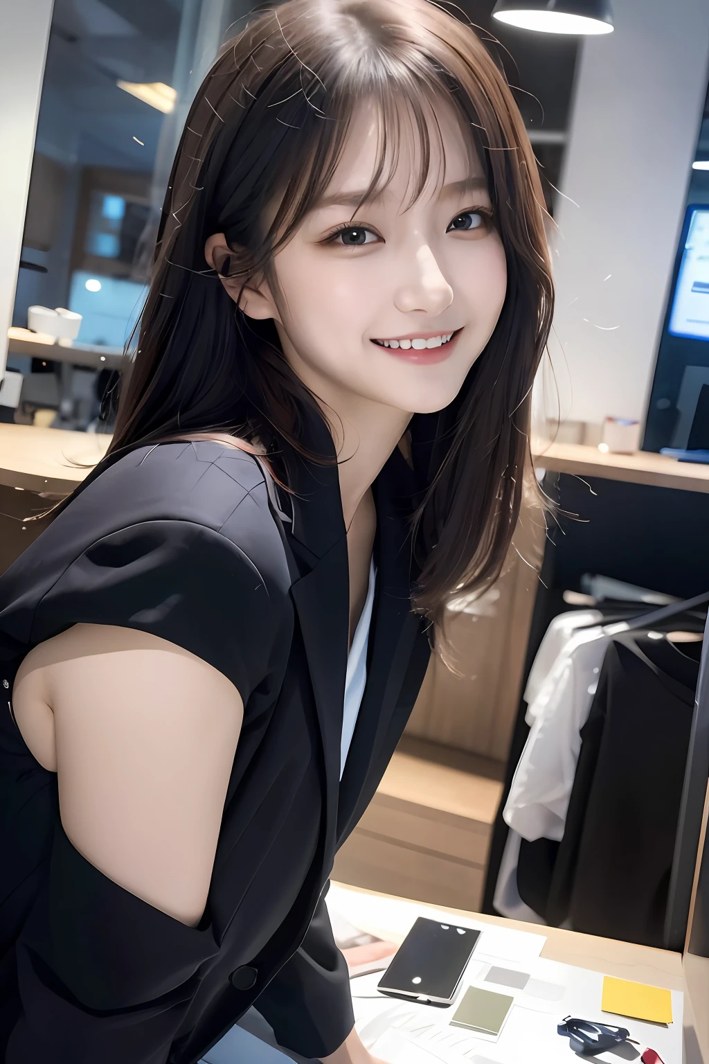 (8k, RAW photo, ultra high res, best quality, masterpiece:1.2), (realistic illustration), (extremely detailed CG unity 8k wallpaper), absurdres,
1 girl,21 yo, beautiful face,medium breasts,black medium hair,smile,tilting head,grin,upper body,slim fit pants,gray tailored jacket,office,upper body、乃木坂アイドル、女優、韓国アイドル