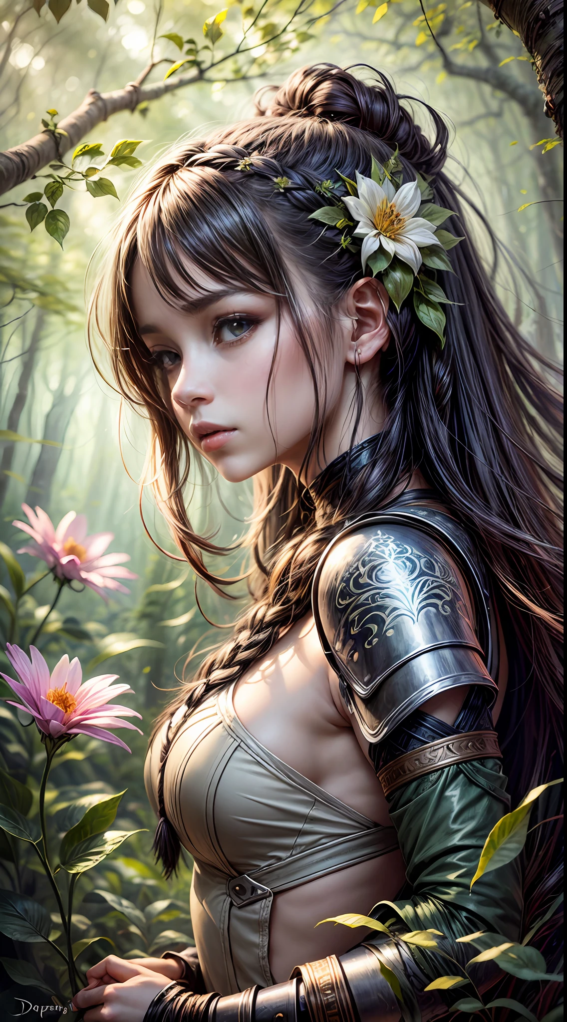 In the heart of a mystical forest, dappled sunlight filters through the canopy, illuminating the courageous young warrior girl as she moves gracefully between towering ancient trees, the leaves rustle beneath her feet, and delicate flowers bloom along her path, her weathered leather armor adorned with feathers and tribal symbols hints at her connection with nature and the spirits that dwell within, Painting, watercolor on textured paper, allowing the colors to blend and flow, creating an ethereal atmosphere