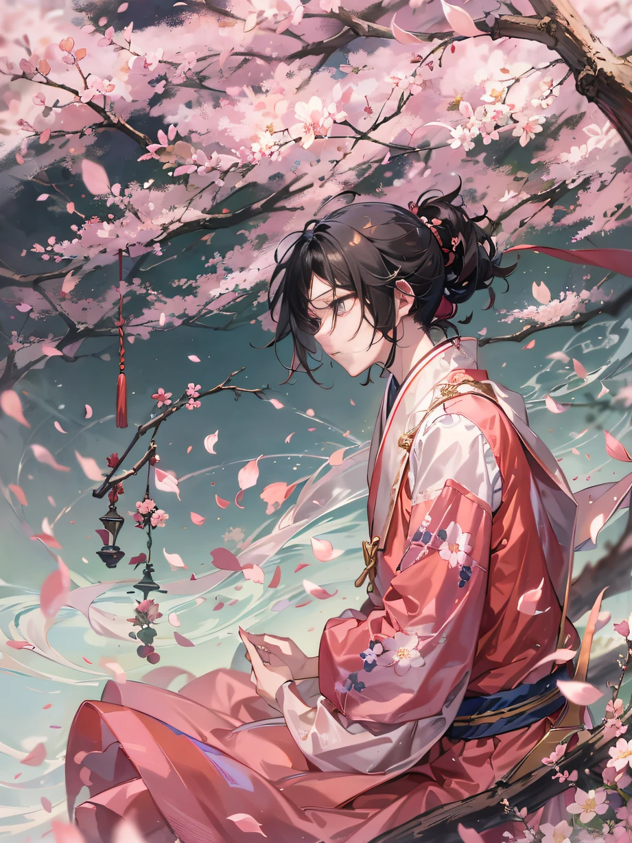 ，Masterpiece, Best quality，8K, 超高分辨率，The protagonist stands under a cherry blossom tree，The petals fall in the wind。He looked at the delicate sea of flowers，It evokes fond memories of making agreements with lovers in the past。But at the moment，The scenery has lost its former joy for him，It only brings deeper thoughts and heartbreak。