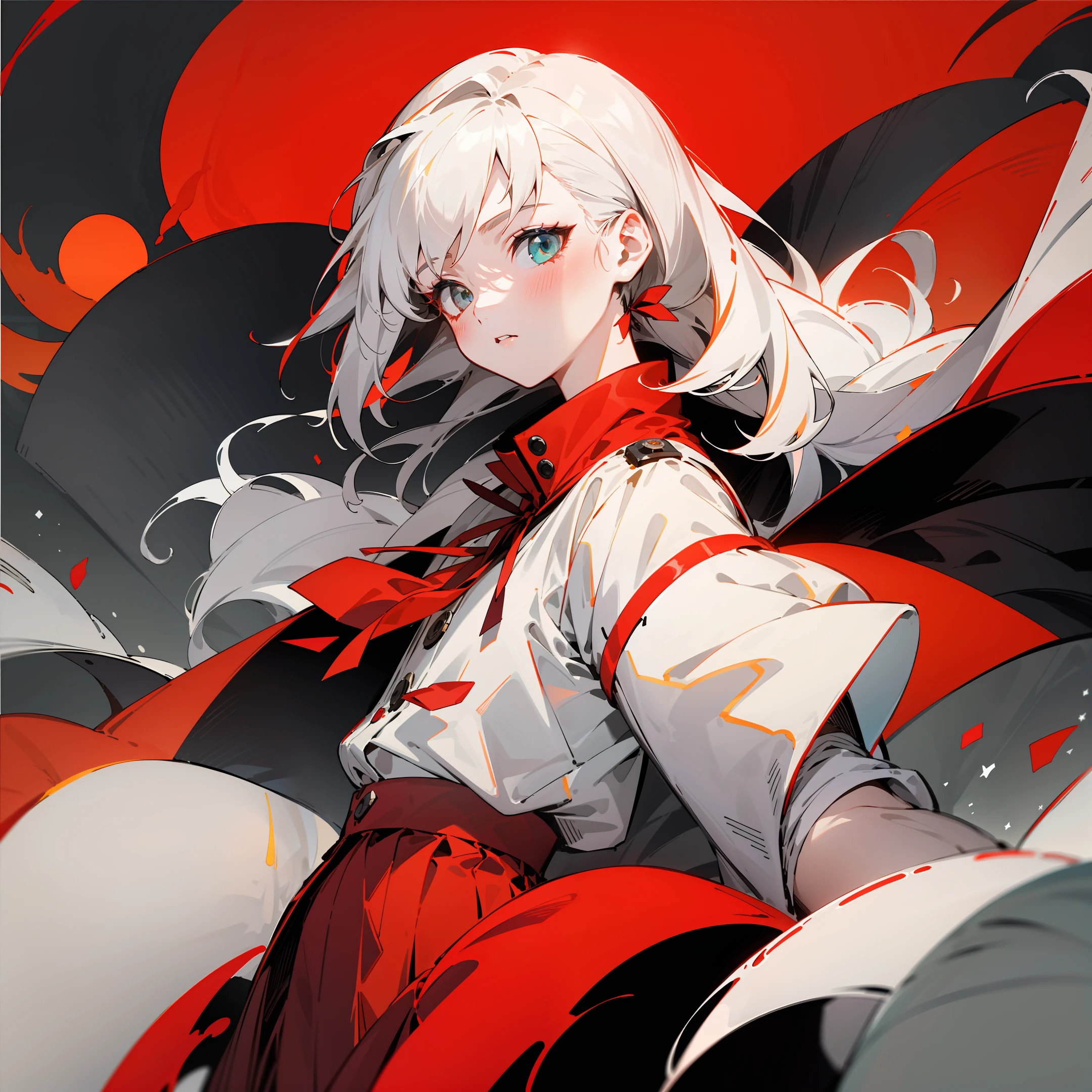 《Fate echoes》,Cosette,Red Moon Season Set Dream Art,dreamlike art, (Masterpiece:1.0), llustration, Single,(1girll),(Extremely detailed Cg Unity 8K wallpaper),( Best quality:0.8),(MKSKS style:0.9), Flat color, limited palette, Low contrast,(清晰的线条),Best quality, 1girll, Solo, Red ribbon, Red skirt