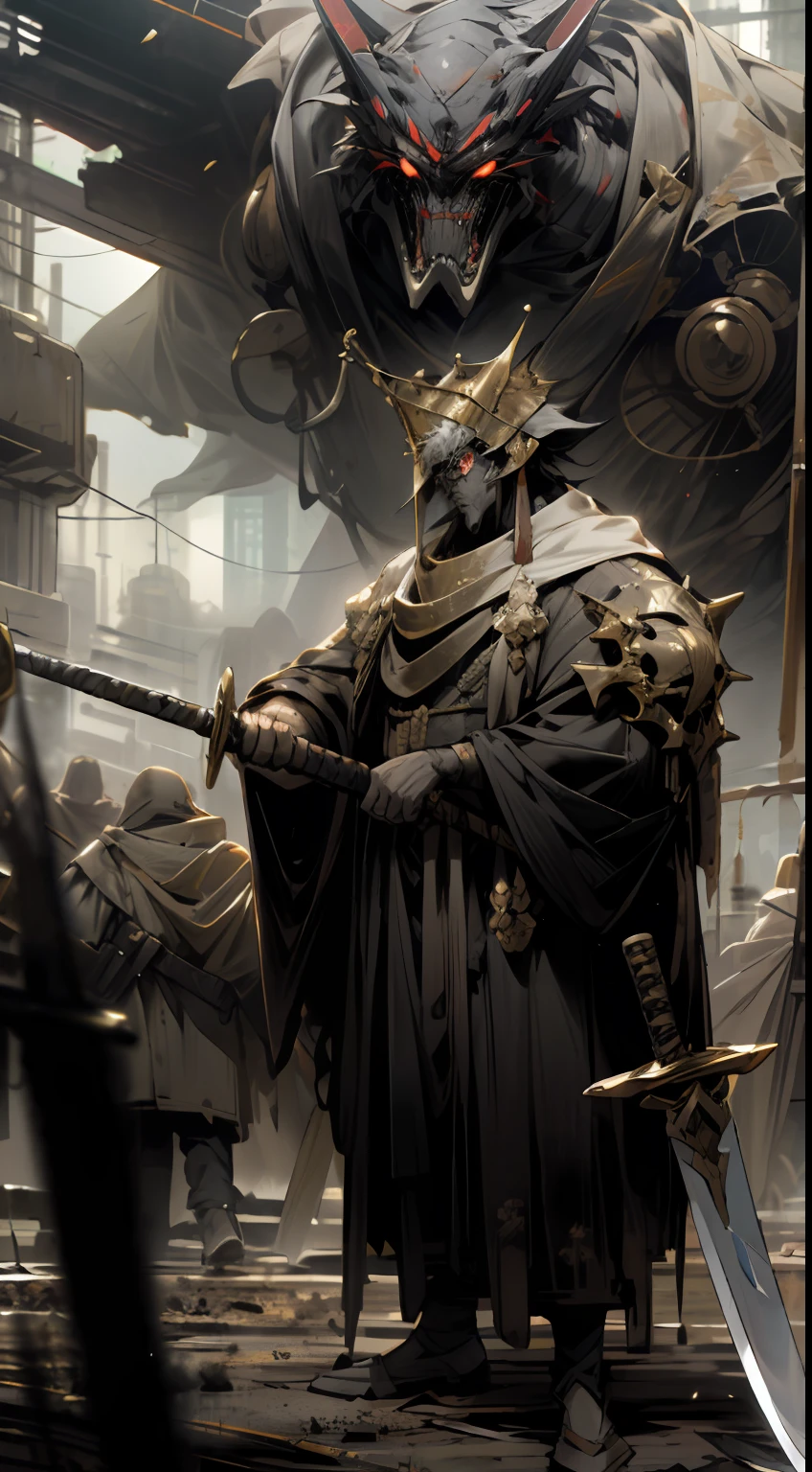 Extremely detailed cyberpunk apocalyptic scenes, vast and wide-angle war-ravaged grounds, brandishing a golden cane and carrying a long sword, stands a powerful male king. His robe shone with golden light and was full of royal momentum.