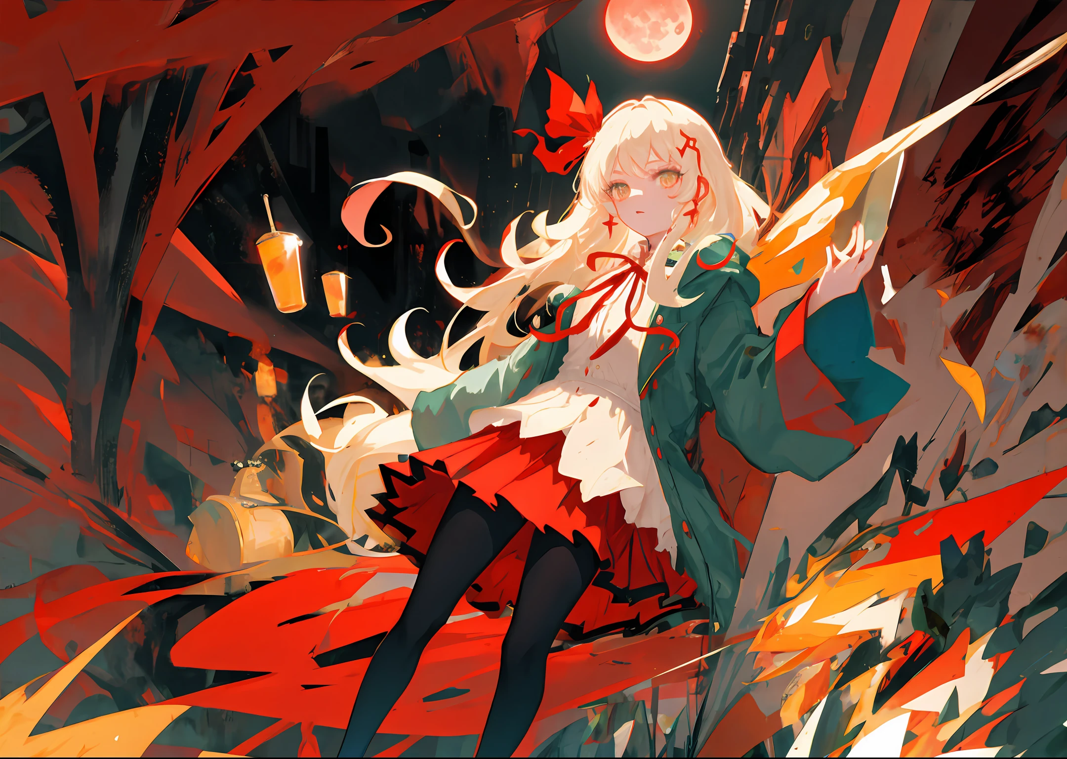 《Fate echoes》，Cosette，Red Moon Season Set Dream Art,dreamlike art, (Masterpiece:1.0),  llustration, Single,(1girll),(Extremely detailed Cg Unity 8K wallpaper),( Best quality:0.8),(MKSKS style:0.9),  Flat color, limited palette, Low contrast,(清晰的线条),Best quality, 1girll, Solo， Red ribbon, Red skirt
