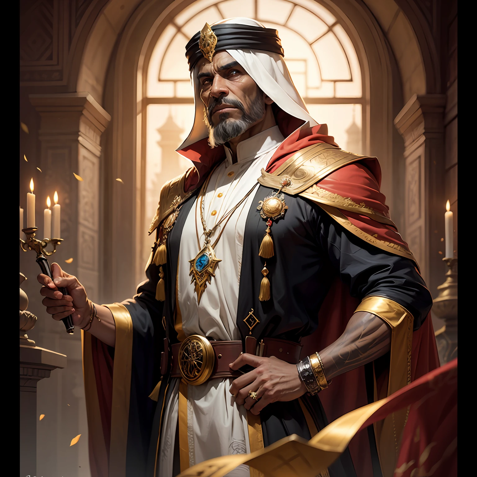 [A very old male Arabian sorcerer, dark skin, sharp features, faint smile, wrinkled, weathered, with a long black beard, wearing a black and red and gold robe, wearing a yellow cap, portrait, fantasy illustration, character concept design, detailed clothing, by Paolo Serpieri, artstation, sharp focus, dramatic, expansive], Alhambra, archway, small room, intricate, elegant, highly detailed, Arabian nights --auto