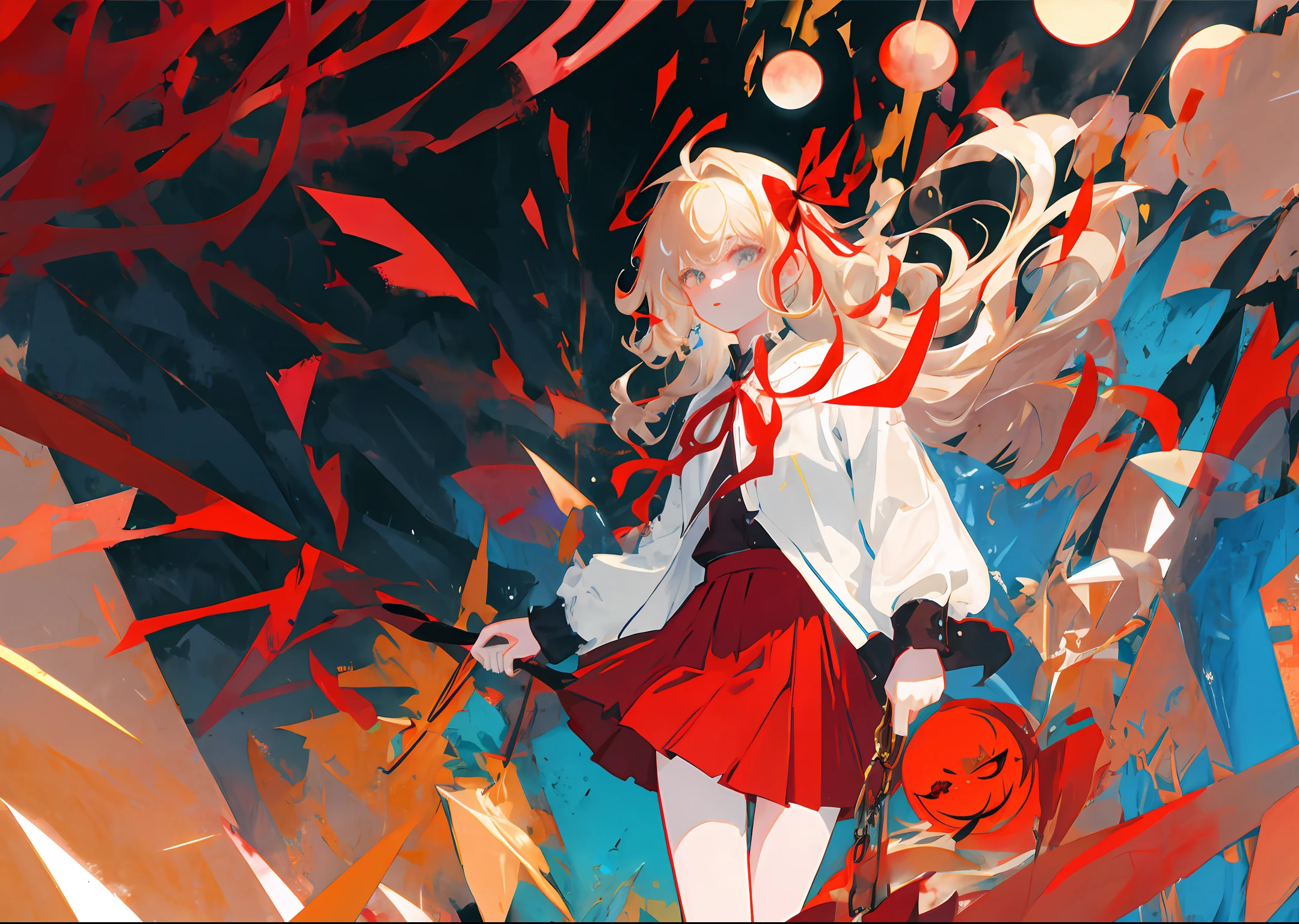 《Fate echoes》,Cosette,Red Moon Season Set Dream Art,dreamlike art, (Masterpiece:1.0), llustration, Single,(1girll),(Extremely detailed Cg Unity 8K wallpaper),( Best quality:0.8),(MKSKS style:0.9), Flat color, limited palette, Low contrast,(清晰的线条),Best quality, 1girll, Solo, Red ribbon, Red skirt
