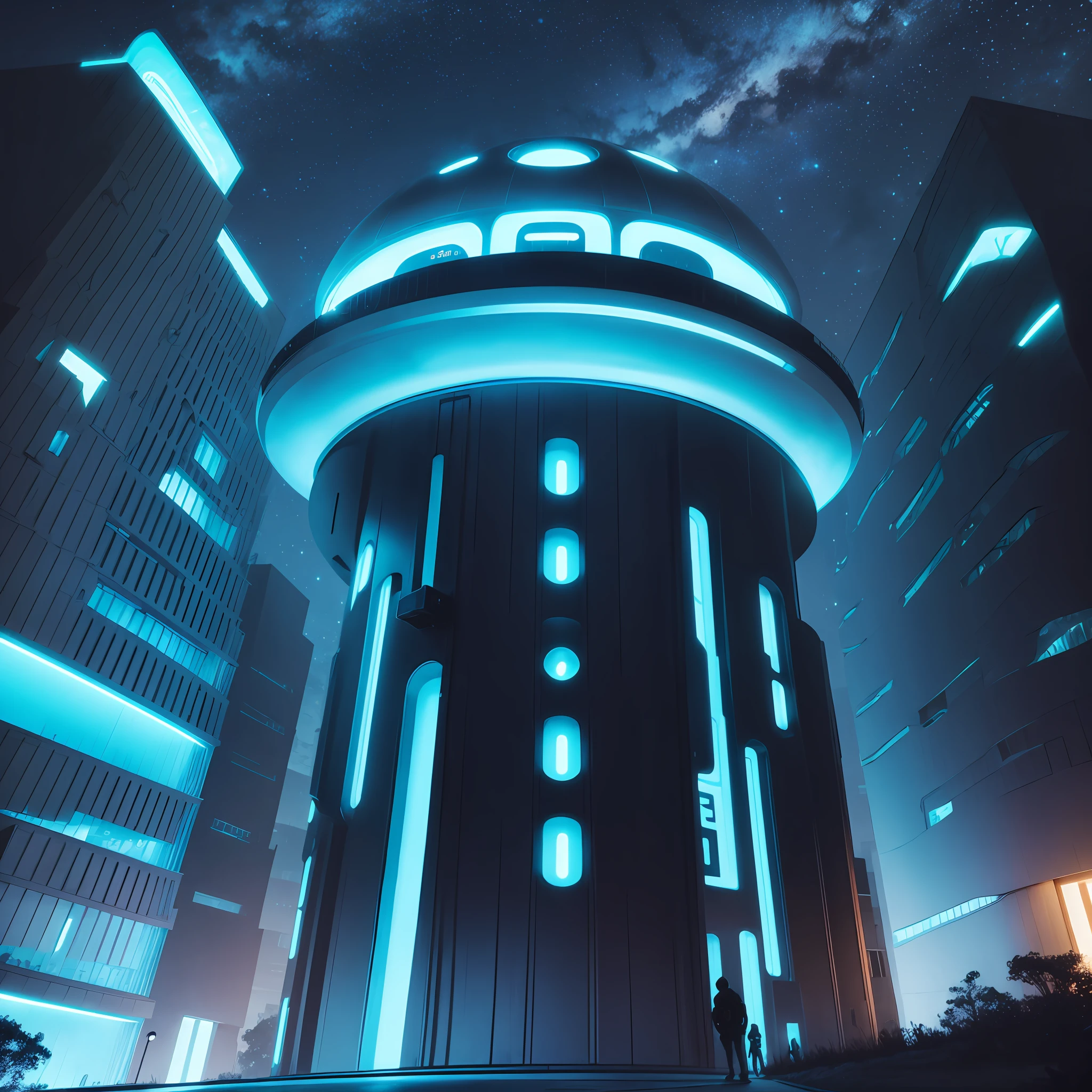 UFO-shaped building,fluorescence,laser,Glowing route,the night,starrysky --auto