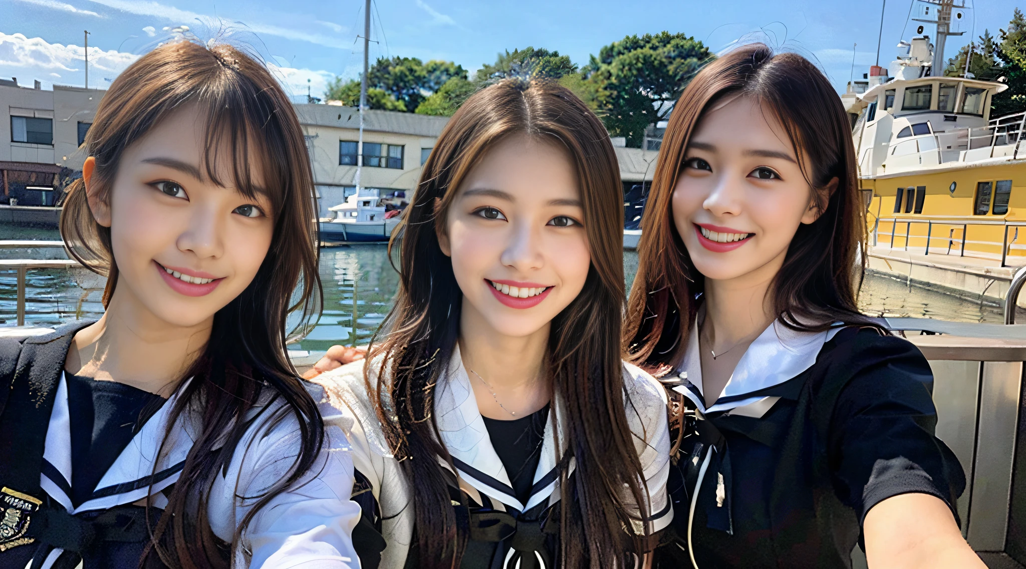 (8K、Raw photography、top-quality、masterpiece:1.2)、ultra-detailliert、ultra res、(hyper realisitic:1.4)(I enjoy fishing out to sea by boat)Above the sea、High school girl with fishing rod、Fishing、fishing rod、Full of heart、Heart pattern(Fantastic lighting)head to waist、、de pele branca、Fair-skinned female proofreading、An ultra-high picture quality、、Beautiful female proofreading reflecting in light、amazing detailed、Beautiful girls in very detailed、Faces with different patterns、Different face patterns、Each hairstyle has its own characteristics、Farbe々Hairstyle、Farbe々Hair color shining with clean light、I enjoy fishing on a boat、Brown hair shining in the light、One has a ponytail、、Modern cute high school girl、very detailed faces very detailed eyes、Very realistic skin、 extremely detailed fingers, highly detailed nose, highly detail mouth, perfect anatomia, Highly detailed sailor suit、、The details of their hair and uniforms shine through、Burning teeth and smiling、Realistic body, de pele branca, glistning skin, Slim body, Long straight hair, (Blunt bangs:1.2), , nixeu and sakimichan, TWICE, Seifuku, sakimichan, JK Uniform, wearing japanese school uniform, promo still, Larisa Manobal, Japan school uniform, japanese girl school uniform, alena aenami and lilia alvarado