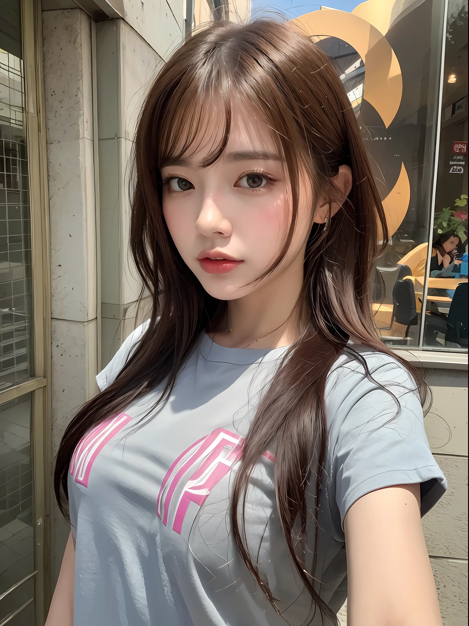 ((, Need, 8K, tmasterpiece:1.3)), 1female,Upper body body,self-shot,Focalors:1.2, perfect figure beautiful woman:1.4,( natta:1.1), ((red brown hair )), (Grey t-shirt:1.2),, Highly detailed facial and skin texture, A detailed eye, 二重まぶた