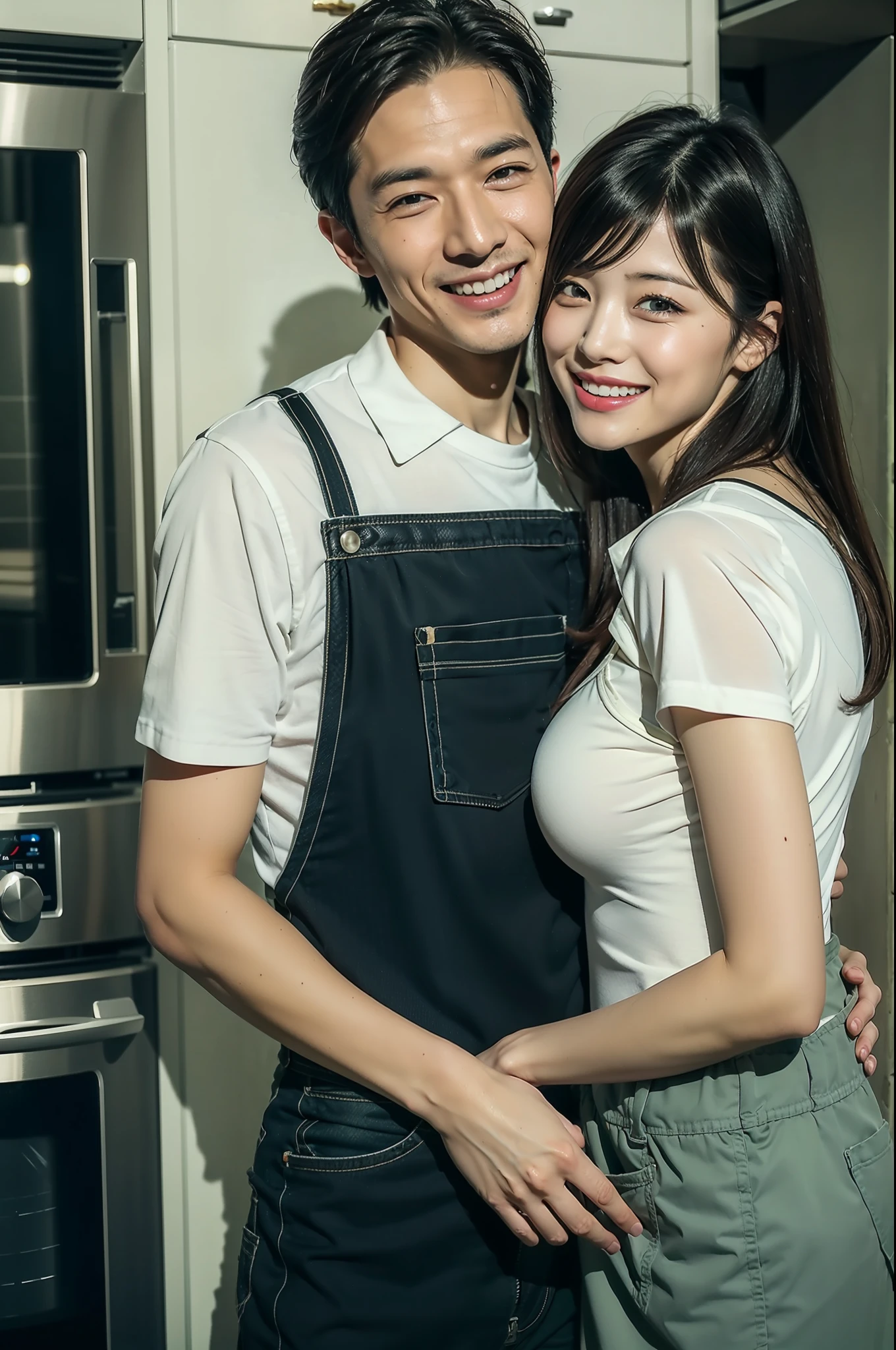 best qualtiy、masterpiece、fidelity:1.3、超A high resolution、(Photorealsitic:1.4)、Couple hugging in kitchen(Year difference couple、The woman is tall:1.5、Man is a boy)、1 Most Beautiful Mature Woman in Japan(Obscene big breasts:1.4、Wearing an apron、Bob Hair)、1 boy with a cute face(shortsleeves)The ultra -The high-definition