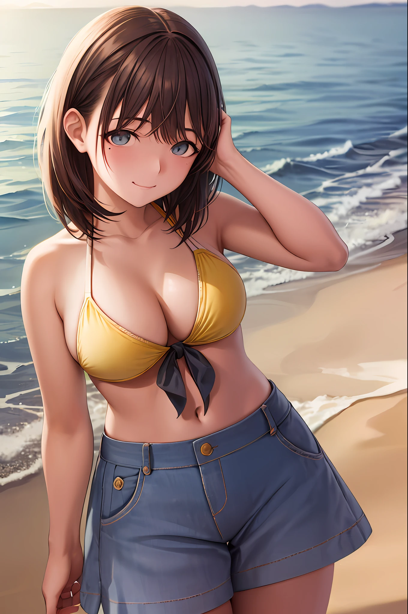 ((masutepiece)), ((Best Quality)), (Ultra-detailed), ((Extremely detailed)), 4K, (8K), Best Quality, (((Cowboy Shot))), (Beautiful), ((smil)), girl, Solo, (((Beautiful eyes:1.5))), blush, Best Quality, High resolution, 1girl in, Middle hair, (((Large breasts))), Bangs, Purple eyes, Brown hair, (((Yellow Bikini))), ((Beautiful sea)), On the beach,