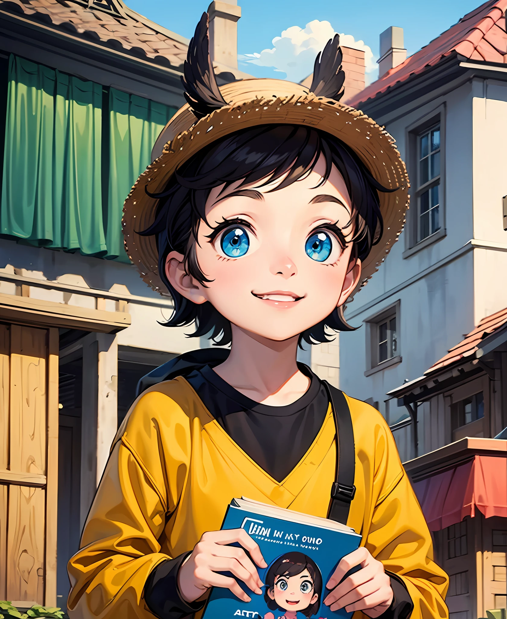 boy, big eyes, happy, next to his little owl friend, cartoon standing in front of a house, on top of the hill, blue sky, clouds, children's art in artstation, cartoon style illustration, stylized digital illustration, stylized art of the game, cartoon digital painting, illustration for children, little character portrait, children's book illustration, cute detailed digital art, adorable digital painting, cartoon digital painting art, single boy concept art, official illustration, illustration from the cover of the book. 4k, smiling boy next to owl, cartoon character, --auto