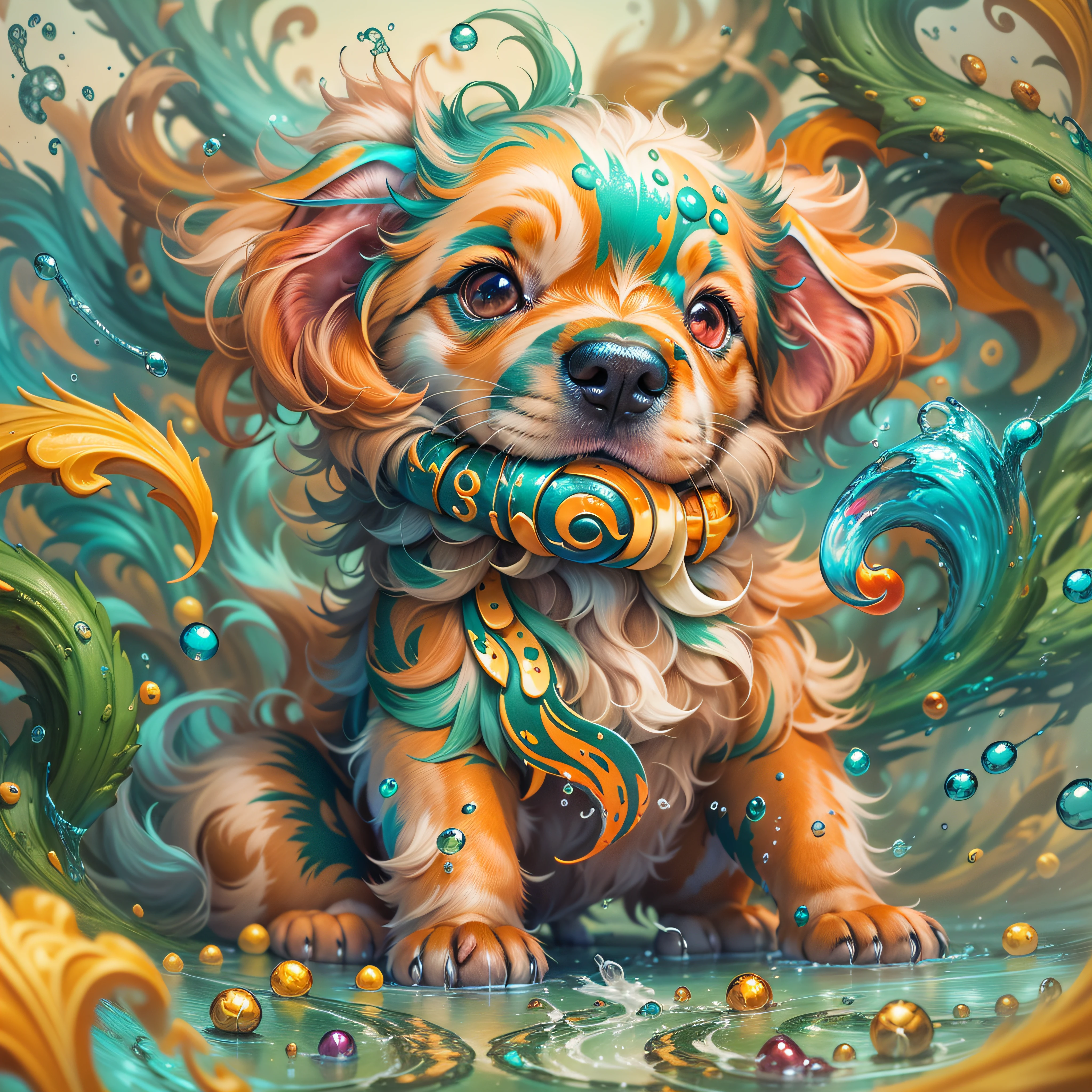 a liquid cute puppy made of colours, splash style of colourful paint, hyperdetailed intricately detailed, fantastical, intricate detail, splash screen, complementary colours, fantasy, concept art, 8k resolution, DeviantArt masterpiece, Cartoon, Cartoon