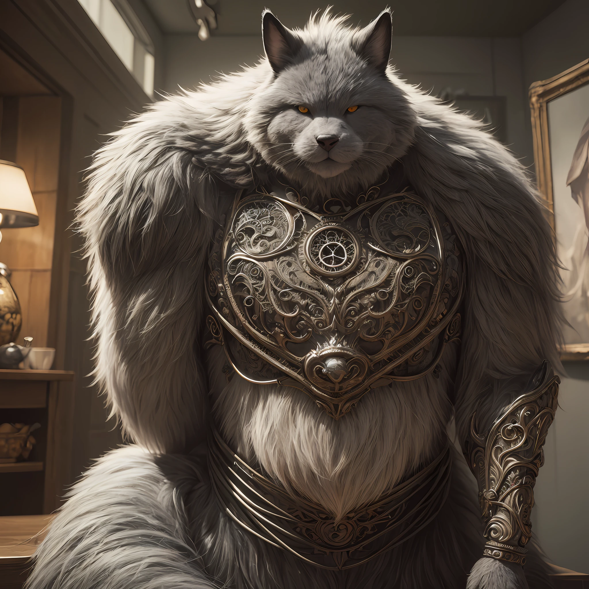 fentezi, Computer-generated image, Totoro + Forest Keeper, A large shaggy gray creature, well done, Fat gray creature, 独奏, The whole body is made of metal, (A cyborg:1.1), ([tail | Detailed wire]:1.3), (intricate detials), HDR, (intricate detials, hyper-detailing:1.2), cinematic still, vignette, in the center, “Hyper-realistic textures," "Exact Details,” “Realistic still life,” “Realistic portraits,” “Realistic landscapes.“Hyper-realistic textures," "Exact Details,” “Realistic still life,” “Realistic portraits,” “Realistic landscapes."test strength at 8 , Get him