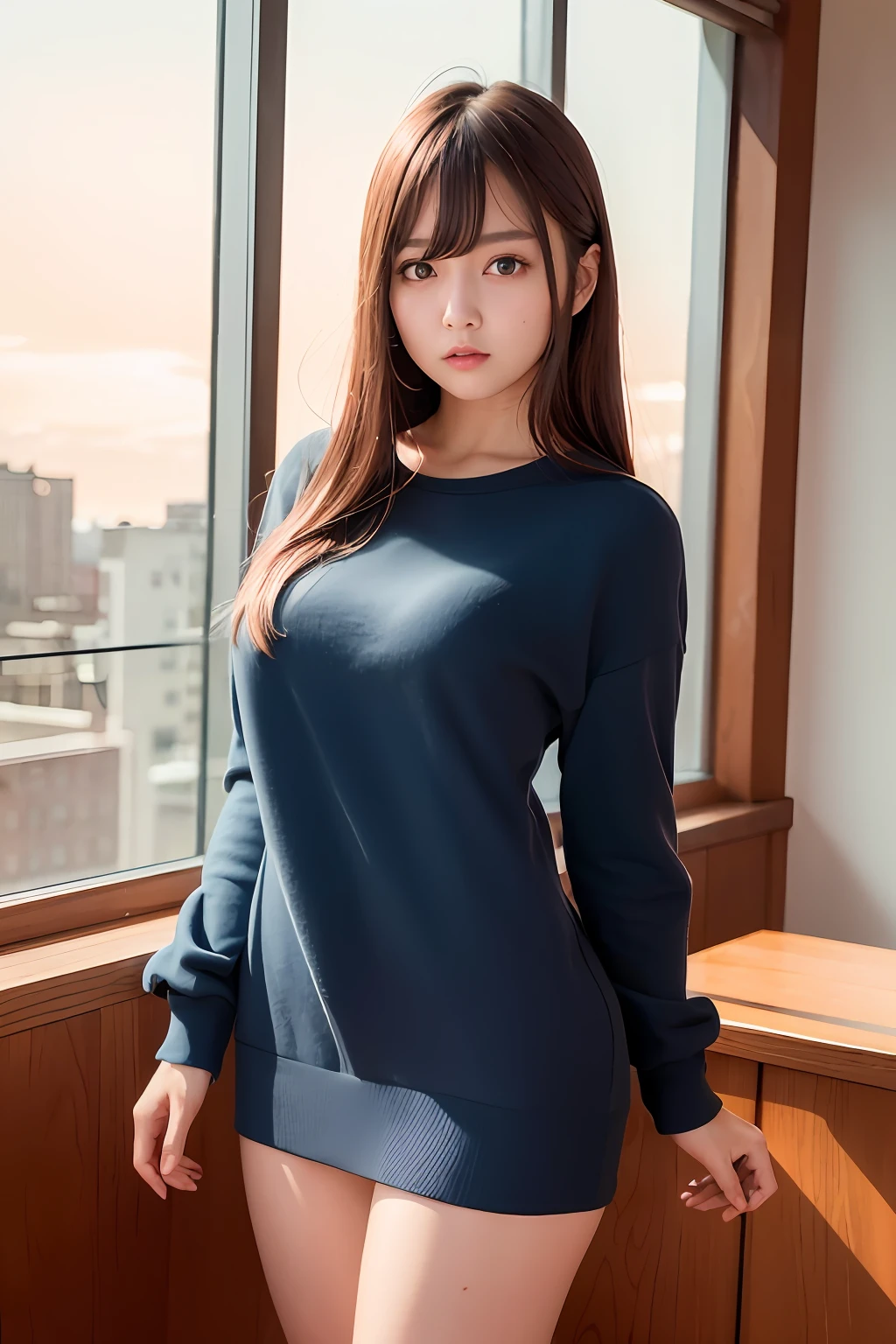 best quality, masterpiece, illustration, an extremely delicate and beautiful, extremely detailed ,CG ,unity ,8k wallpaper, Amazing, finely detail, masterpiece,best quality,official art, extremely detailed CG unity 8k wallpaper, absurdres, incredibly absurdres, huge filesize, ultra-detailed, highres, extremely detailed, beautiful detailed girl, (extremely detailed eyes and face),((looking at viewer)),(real person,photograph),cute,1girl,16 yo,blue contact lens, Big eyes,perfect eyes,((watery eyes)),(haunting smile,moist lips),middle breasts,narrow waist,(slim),standing model standing model pose,Particularly strong light,(photo lighting),blush, shy,(sunset),(sunshine on body),(school uniform),(classroom),ulzzang-6500-v1.1:0.2,