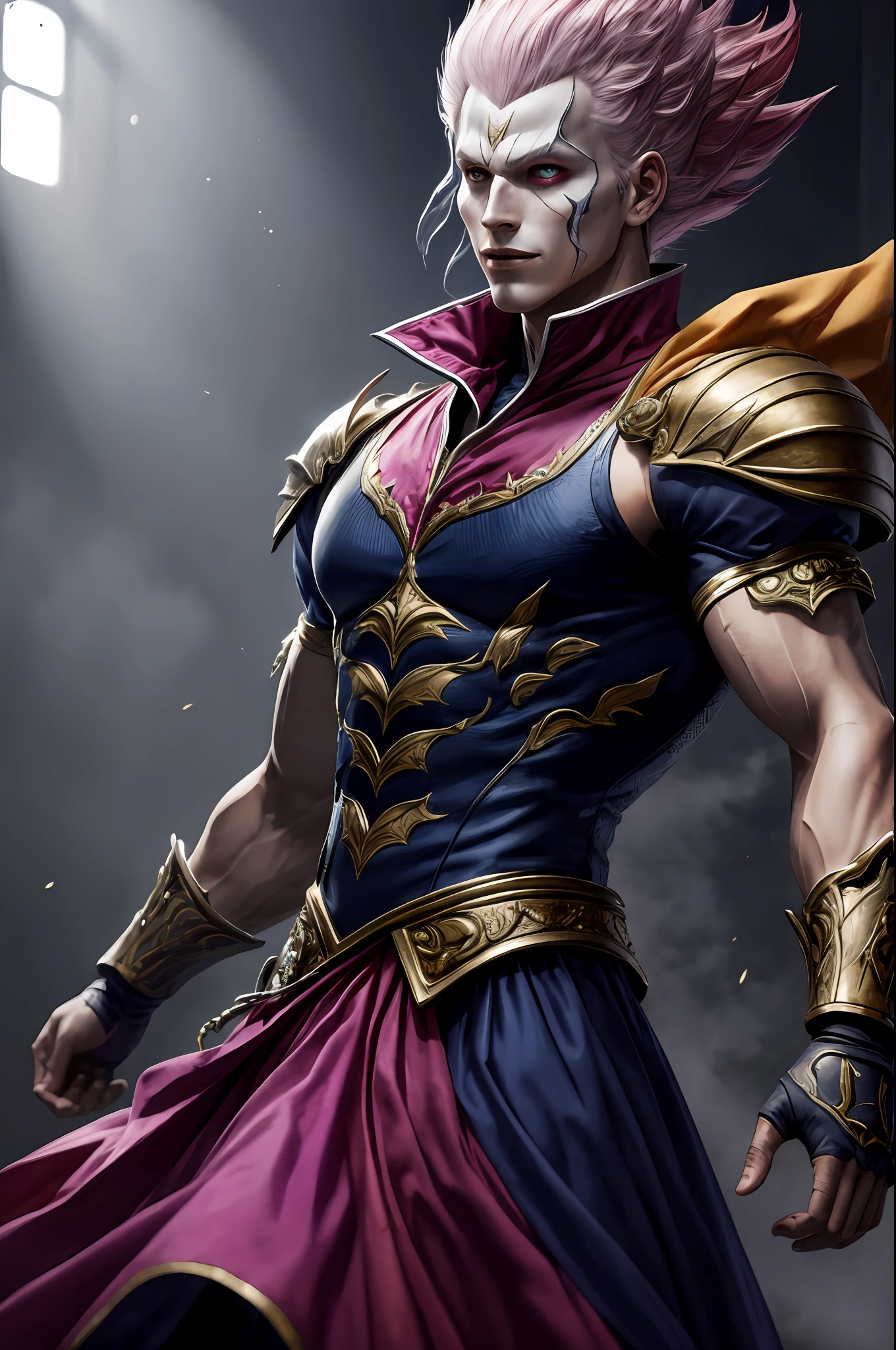 (8k, photo in RAW format, beste-Qualit, tmasterpiece: 1.2), ultradetailed, official arts, photorealestic:1.37, Upper body shot, Kefka Palazzo and Hisoka, film grains, action pose