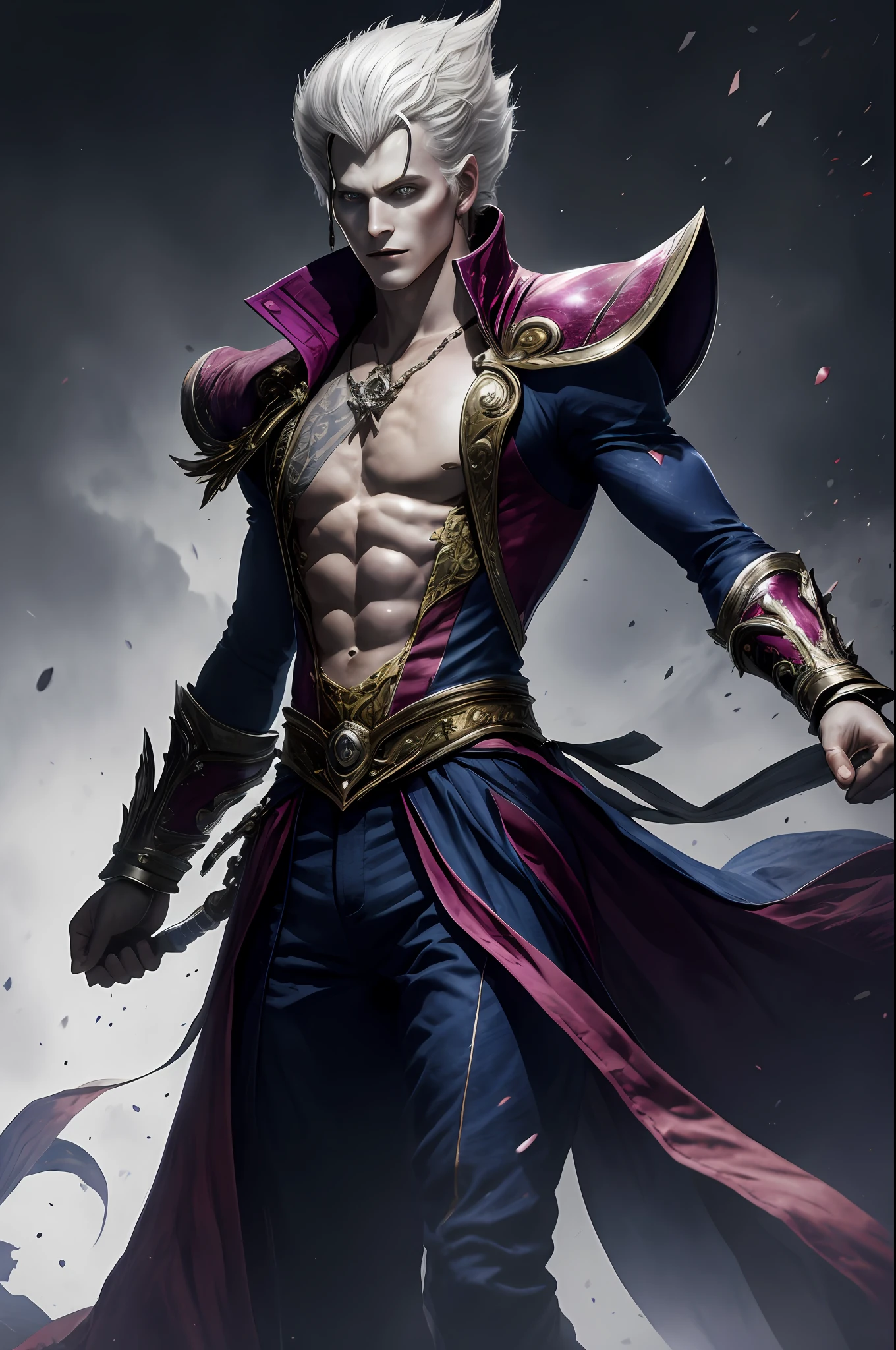 (8k, photo in RAW format, beste-Qualit, tmasterpiece: 1.2), ultradetailed, official arts, photorealestic:1.37, Upper body shot, Kefka Palazzo and Hisoka, film grains, action pose