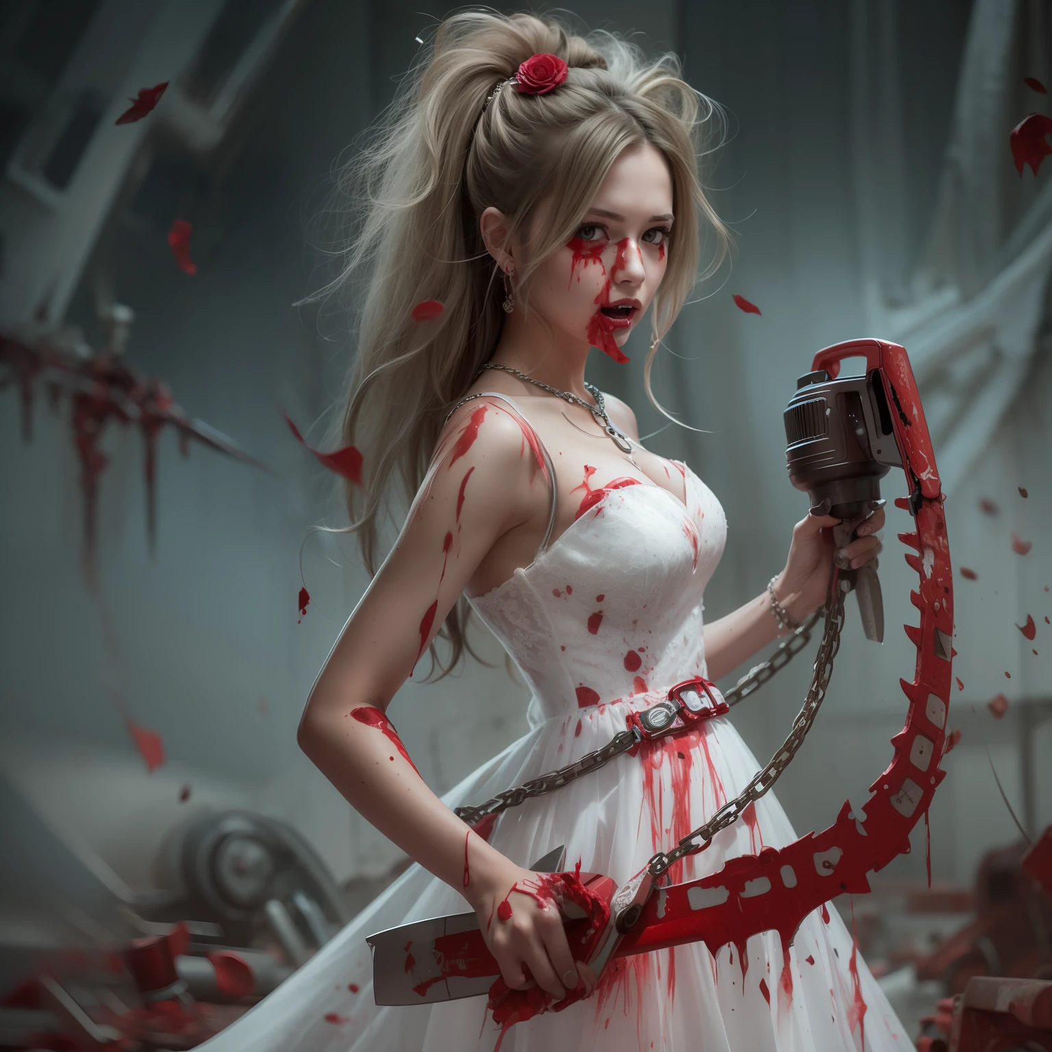 A beautiful bride with a bloody chainsaw (a mechanical power-driven cutting tool with teeth set on a chain which moves around the edge of a blade) in her hands, her white dress stained with the carnage of her victims.