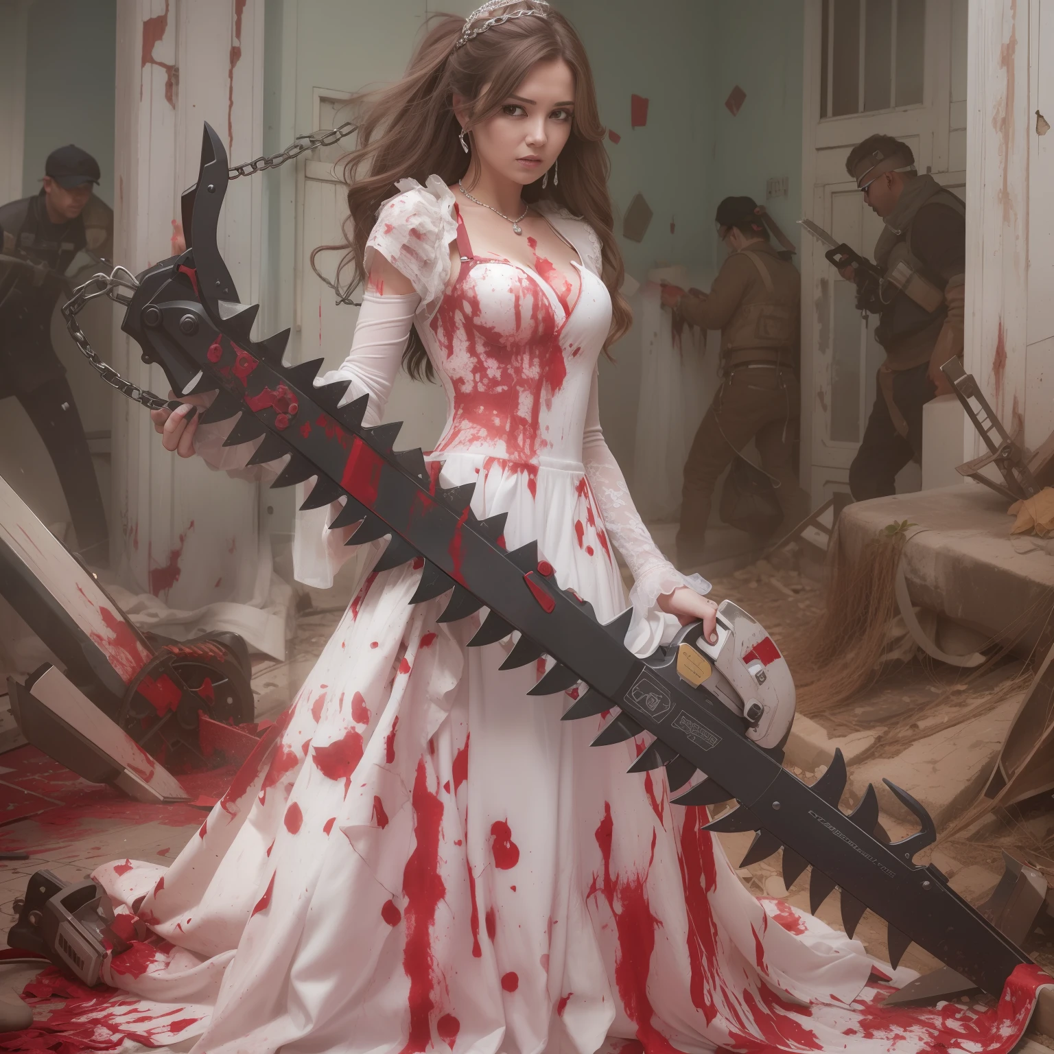 A beautiful bride with a bloody chainsaw (a mechanical power-driven cutting tool with teeth set on a chain which moves around the edge of a blade) in her hands, her white dress stained with the carnage of her victims.